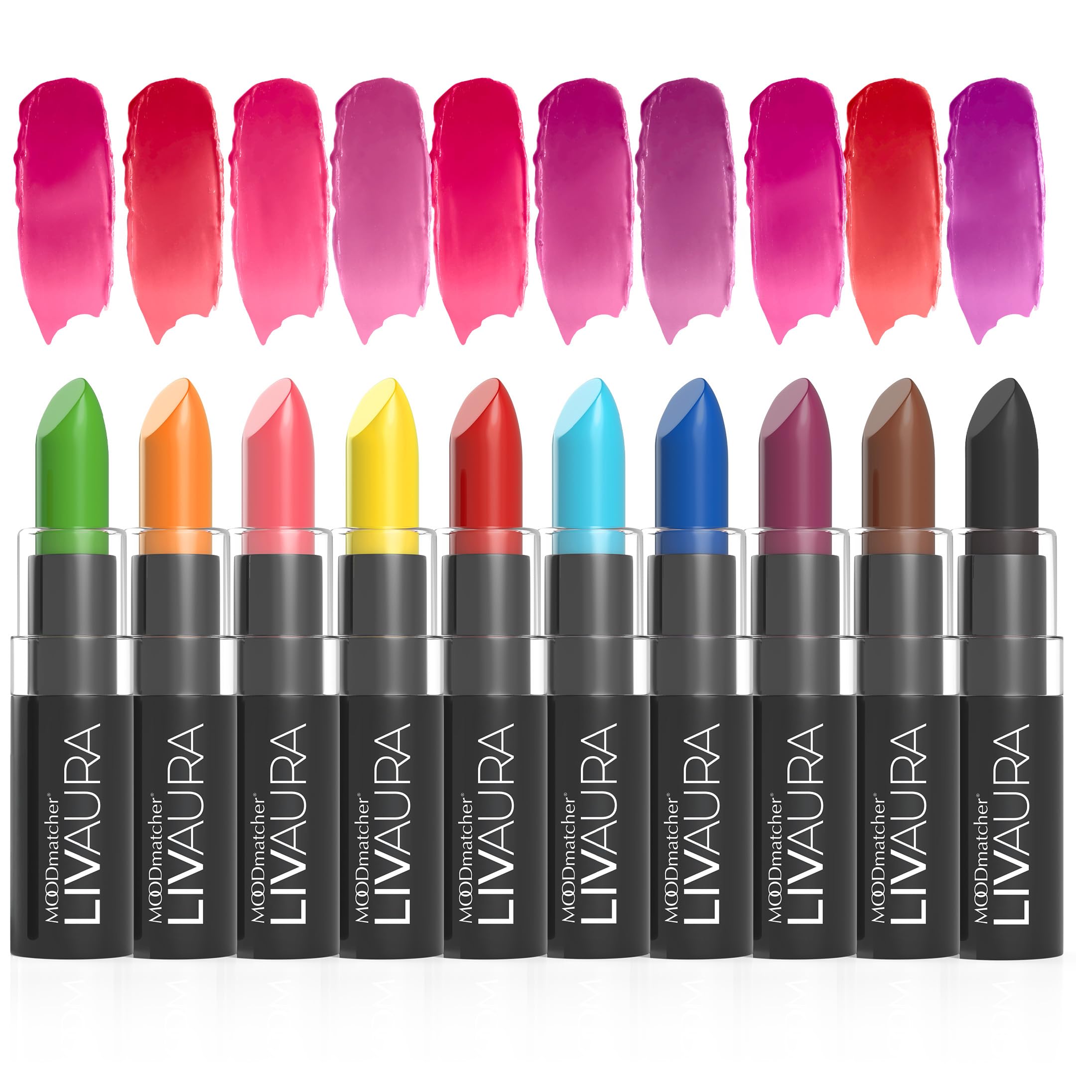 MOODmatcher Lipstick, 10PC Collection of the Original Color-Change Lipstick - Maskproof, 12 HOUR Long Wear, Enriched with Aloe & Vitamin E for Ultra-Hydration, Waterproof - Made in USA