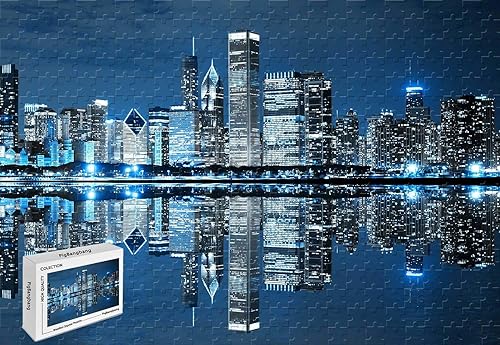 Rompecabezas de 1000 piezas  Chicago Skyline reflejado en el lago Michigan, material de madera, juguetes de entretenimiento de 29.5 x 19.6 pulgadas