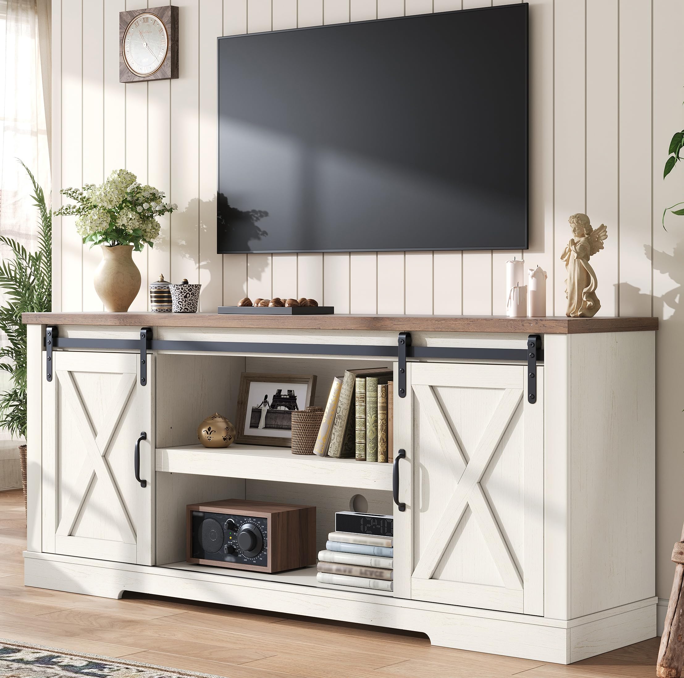 AMERLIFE 66" Farmhouse TV Stand for 75 Inches TVs, Entertainment Center with Sliding Barn Door and Adjustable Shelf & Feet, Console Table with Storage, Distressed White & Rustic