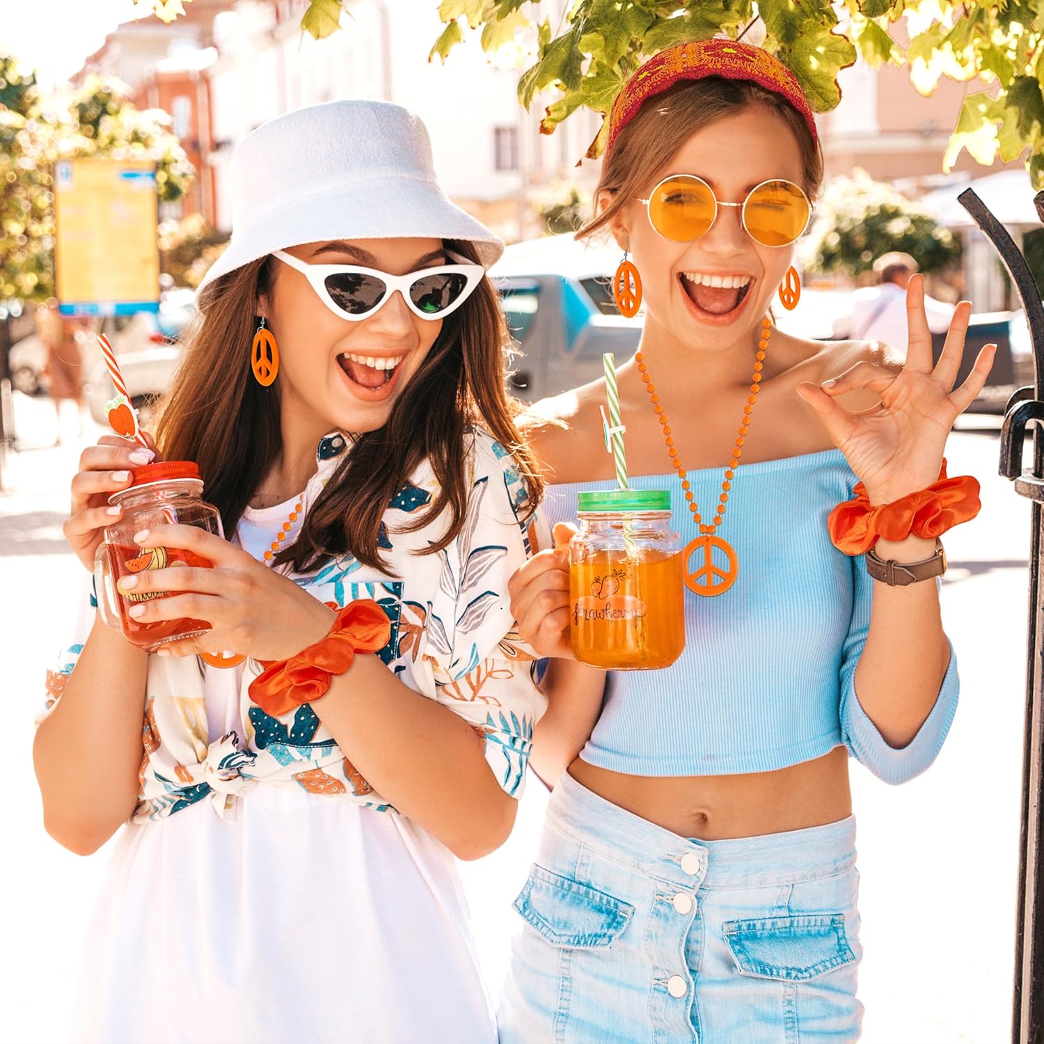 60s 70s Hippie Accessories for Women, Boho Hippie Costume with Flower Knit Headband Peace Sign Necklace Groovy Disco Outfits for Party Cosplay - Image 6