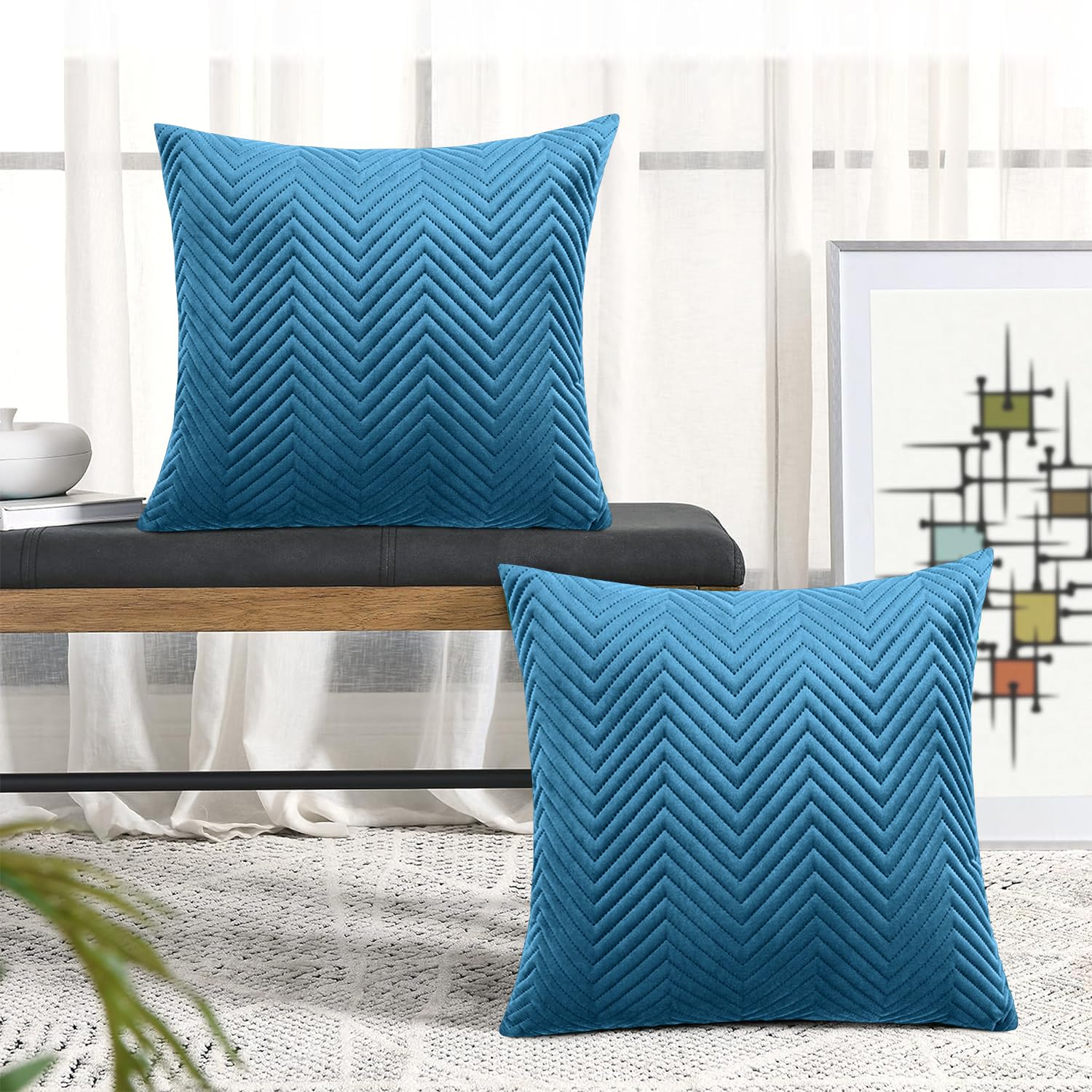 BedLooms Premium Teal Velvet Cushion Covers Set of 2 (45x45 cm / 18x18 Inch), Soft Ultrasonic Stitch, Hidden Zipper - Image 3