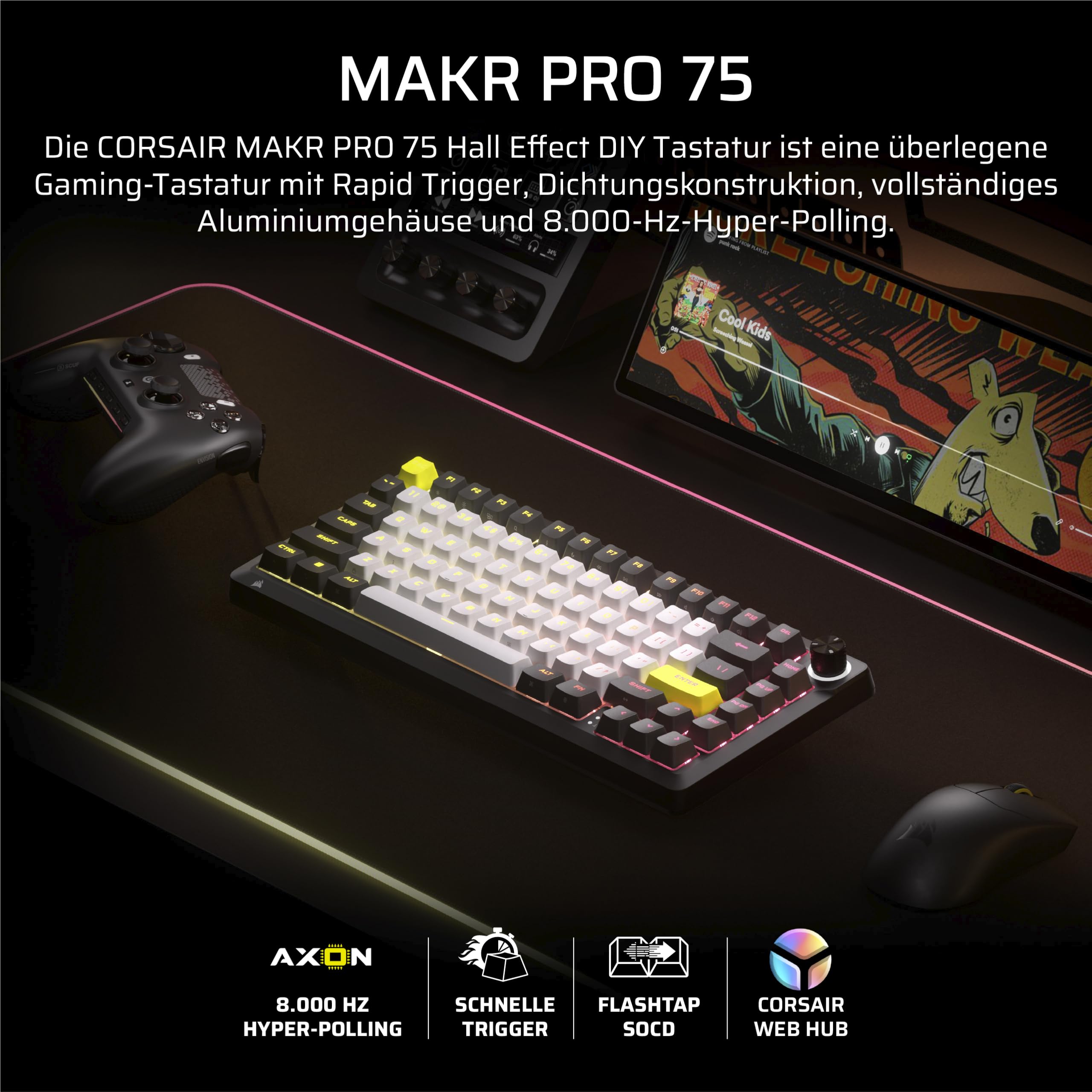 Corsair MAKR PRO 75 Hall Effect Kabelgebundenes Gaming-Tastatur Mechanisch 75% MGX Hyperdrive-Schalter Dual-Auslösung Rapid-Trigger FlashTap SOCD 8000Hz Schwarz