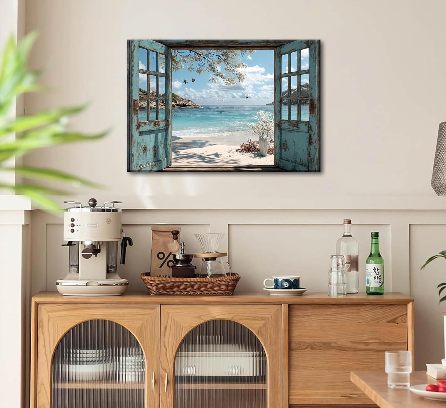 window beach canvas wall art blue coastal ocean windows sea view paintings pictures wall decor fake window frame seascape style poster printing artwork for living room bathroom home decoration window canvas 24"l x 16"w