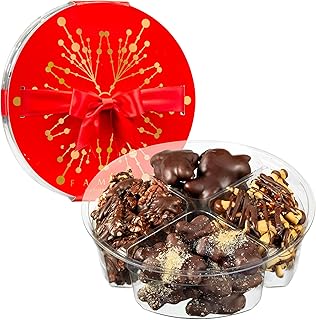 Nut Clusters Chocolate Gift Red Box - Assorted Variety of Caramel Brittles, Pecan Patties, Almond, Cashew Clusters, Kosher - Dairy Free Nuts and Chocolate Gift Basket - Holiday Chocolate Covered Nuts Assortment for Corporate Gifting