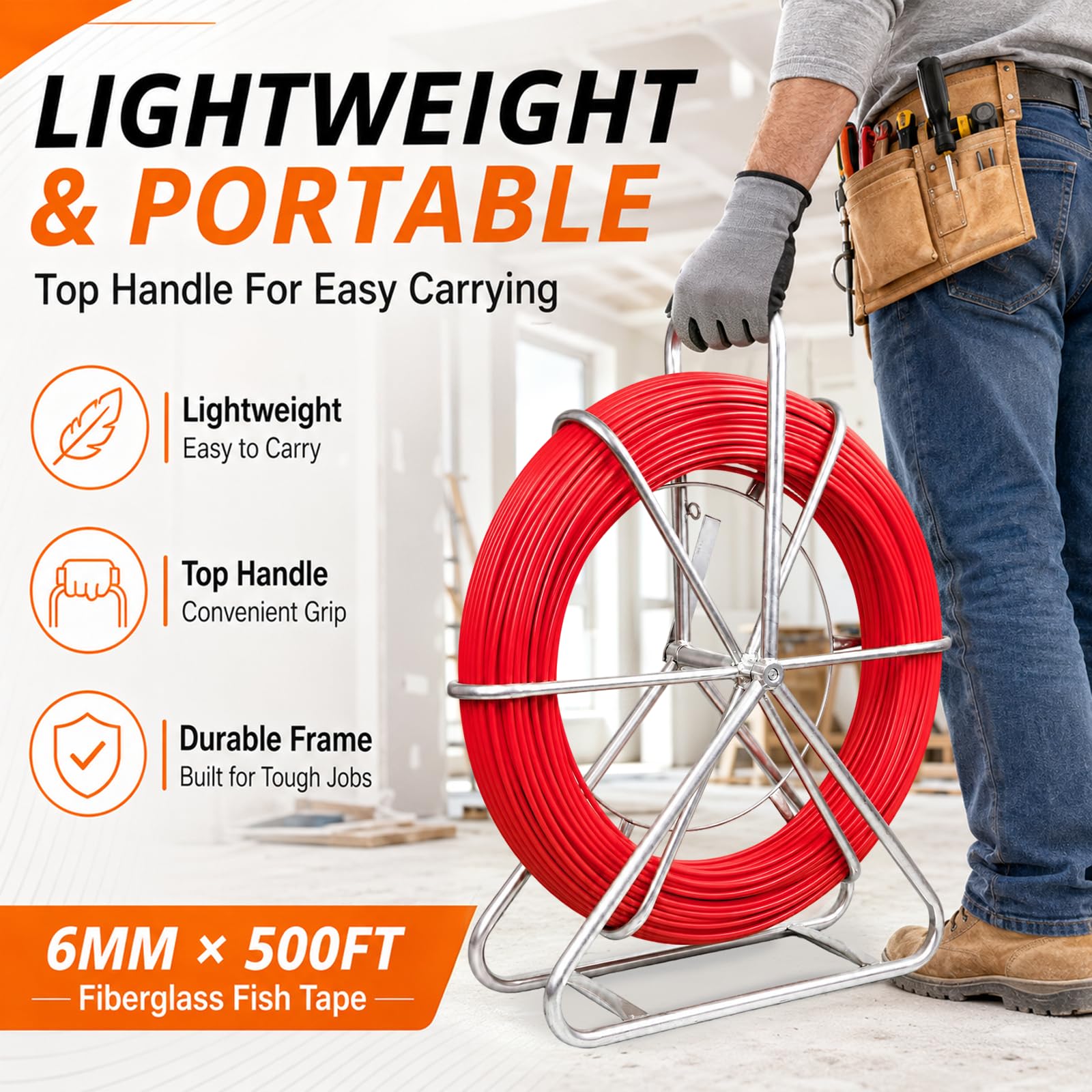 Rodder de conducto de 6 mm y 500 pies, cinta de fibra de vidrio, varilla de alambre resistente con soporte de acero duradero, extractor de cable de cinta de pescado para conductos e