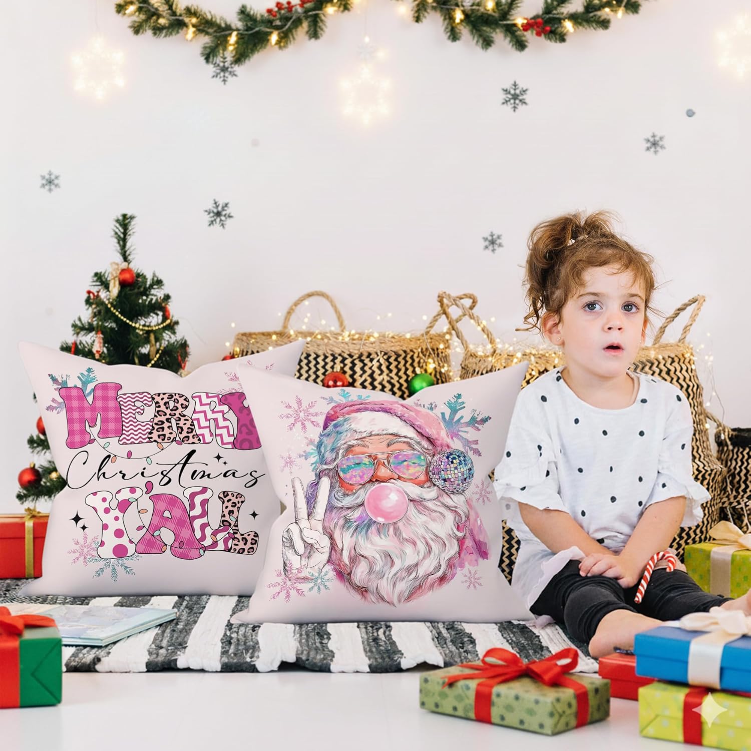 Pink Christmas Santa Decorative Throw Pillow Covers Set of 2, Funny Trendy Disco Hat Pillows Covers for Girly Room, Retro Preppy Coquette Pillow Cases Decor for Couch Bedroom Winter 18x18in - Image 3