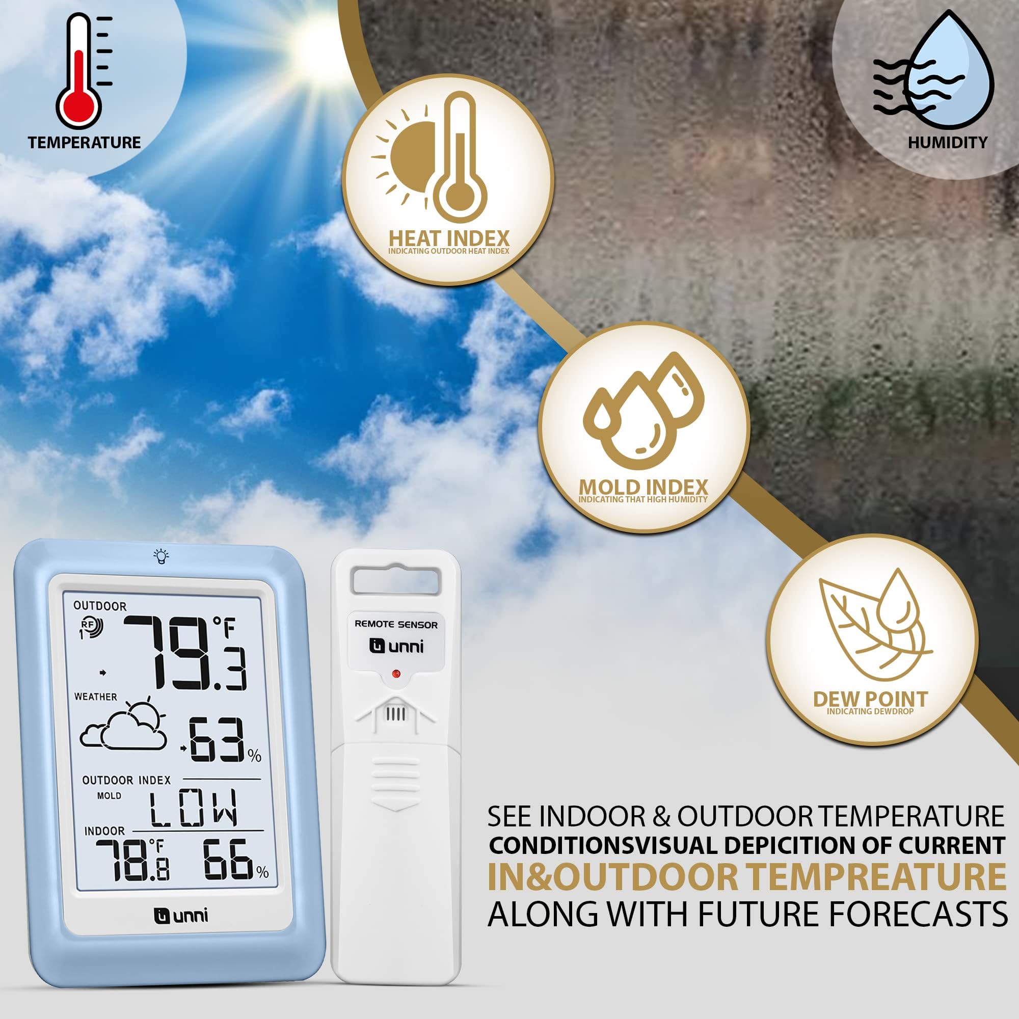 U UNNI Indoor Outdoor Thermometer Hygrometer Wireless Weather Station, Temperature Humidity Monitor Battery Powered Inside Outside Thermometers with 330ft Range Remote Sensor and Backlight Display（LBLU01） in use