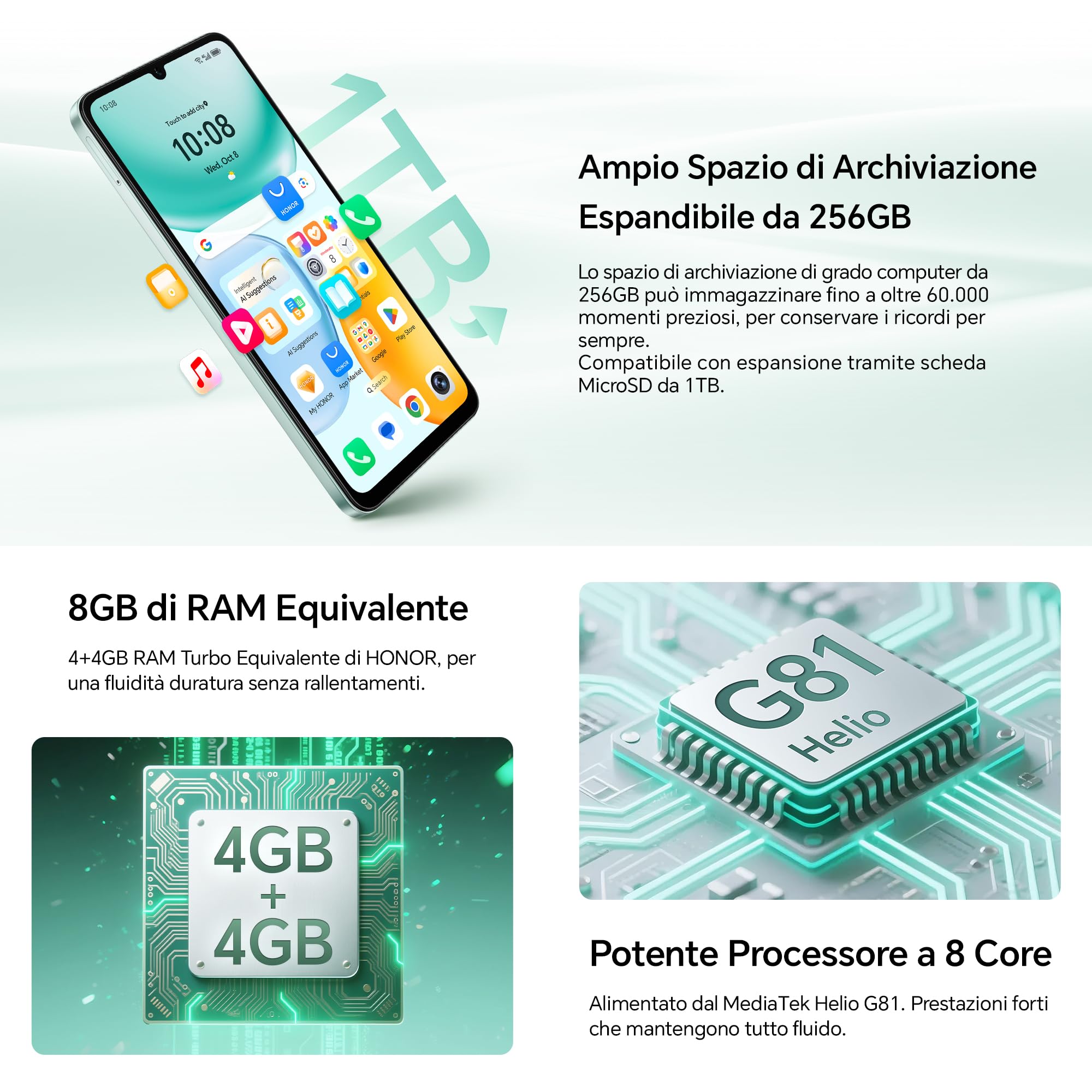 HONOR X5c Plus Smartphone,5260 mAh, 4G RAM/256G telefono con Display 6,74 pollici 90 Hz, Fotocamera 50+5MP, Android 15, Octa-core cellulare impronta digitale e riconoscimento facciale, Ocean Cyan