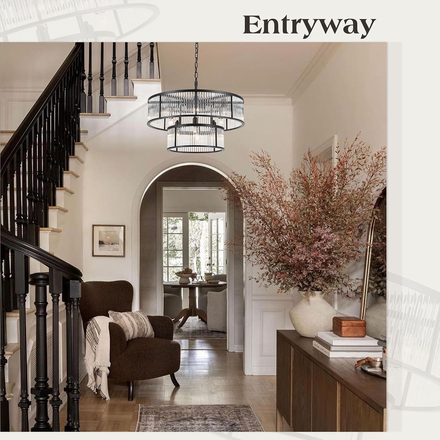 W23.6 Black Glass Chandelier for Dining Room Modern 2-Tier Round Glass Chandelier for Kitchen Contemporary Raindrop Pendant Ceiling Light Fixture for High Ceiling Foyer Entryway 10 Lights
