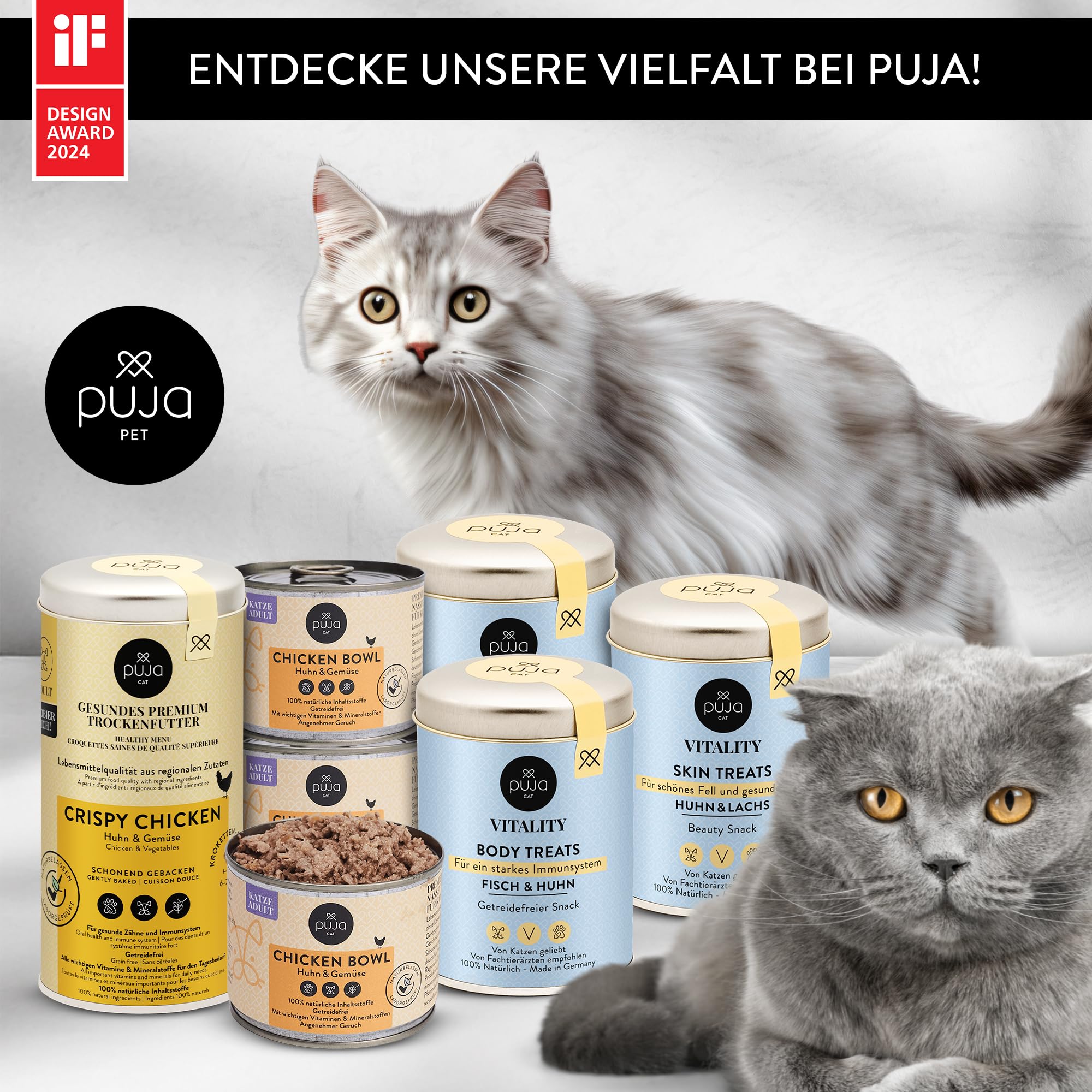 PUJA Premium Trockenfutter für Katzen Crispy Chicken 2x250g - 100% natürliche Inhaltsstoffe & für Sensible Katzen geeignet - mit Tierärzten entwickelt für die Gesundheit