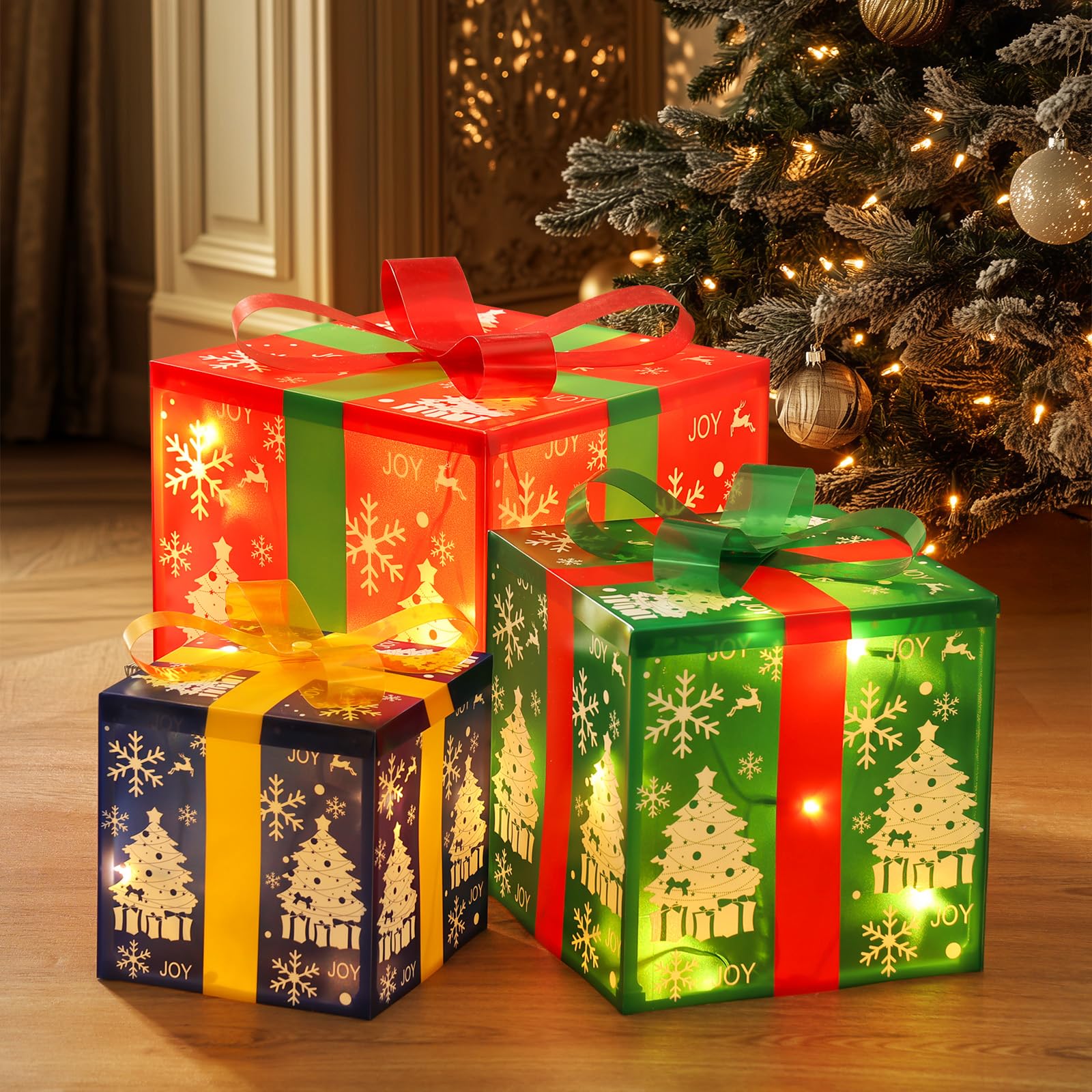 Boîtes cadeaux lumineuses de Noël tricolores avec 60 LED et 8 modes pour décoration