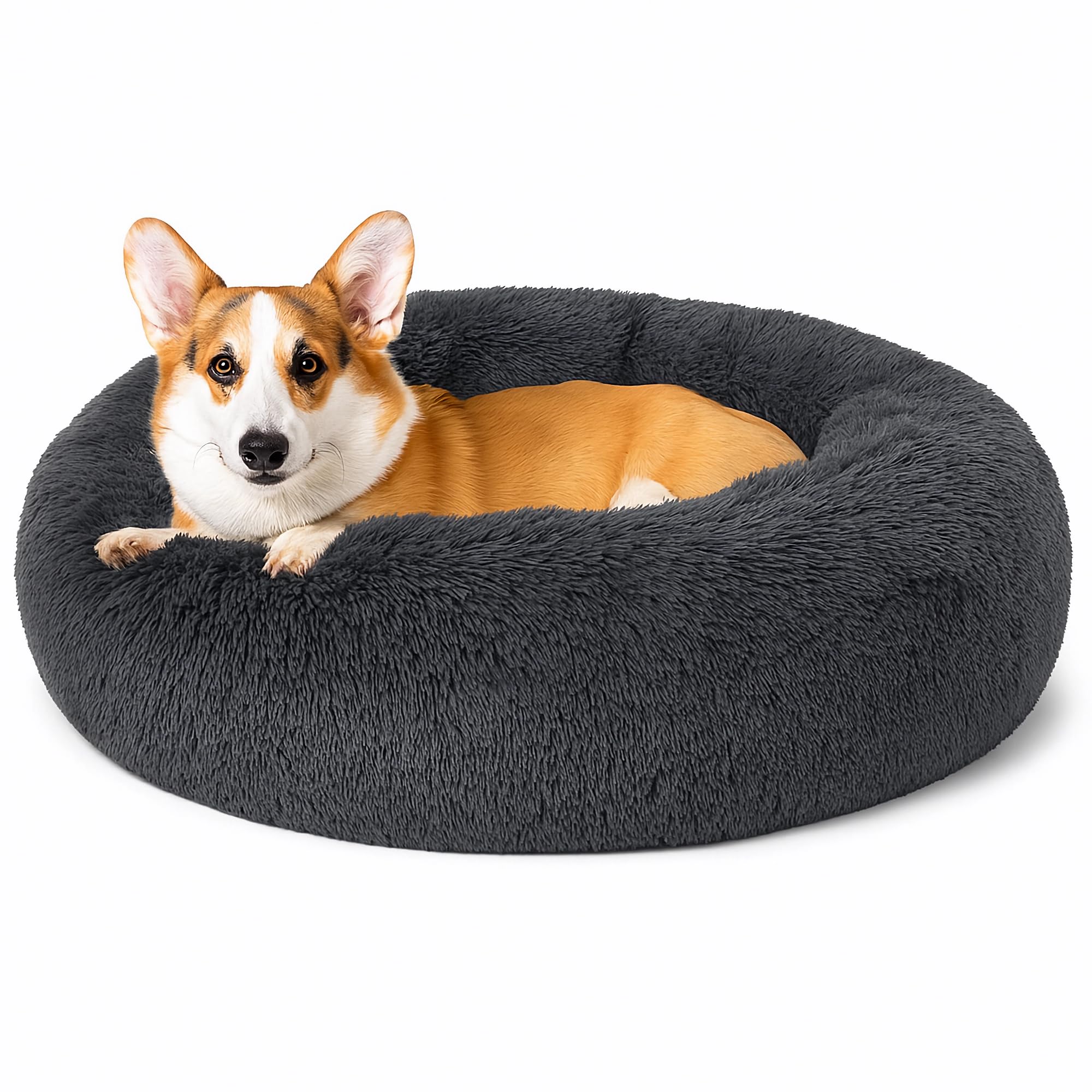SEOUGEE Calming Donut Dog Bed, Fluffy Plush Round Cat Bed, Cosy Soft Washable Cushion Warming Pet Beds with Non-Slip Bottom, Indoor Sleeping Cuddler Nest for Small Medium Dogs (Dark Grey 70cm)