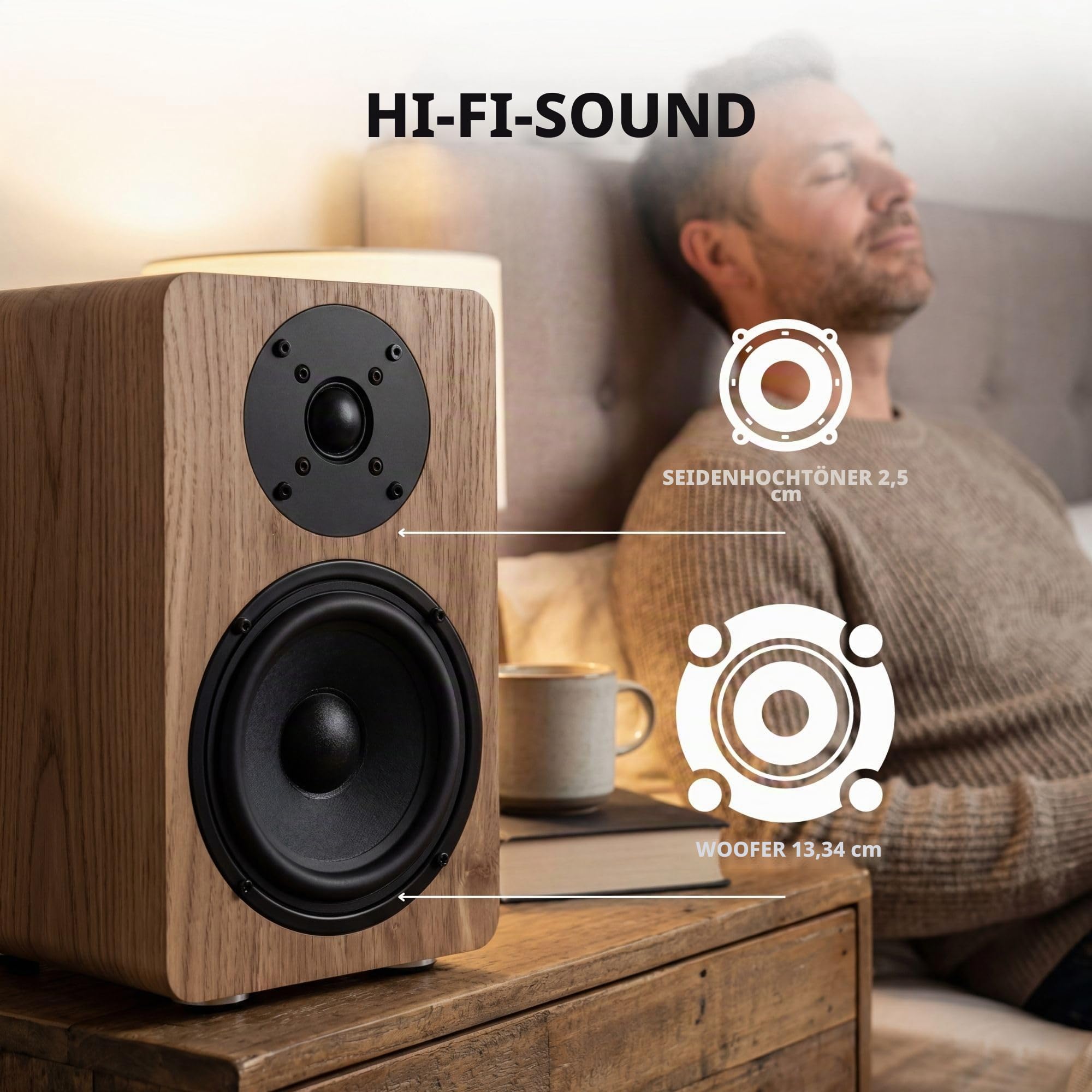 VULKKANO A5 Arc MKII Verstärkerlautsprecher mit 5,25 Zoll Tieftöner, Bluetooth 5.0, HDMI Arc, optischer Ausgang, RCA, USB, Subwoofer-Ausgang, Lautsprecher für Fernseher, Braun.