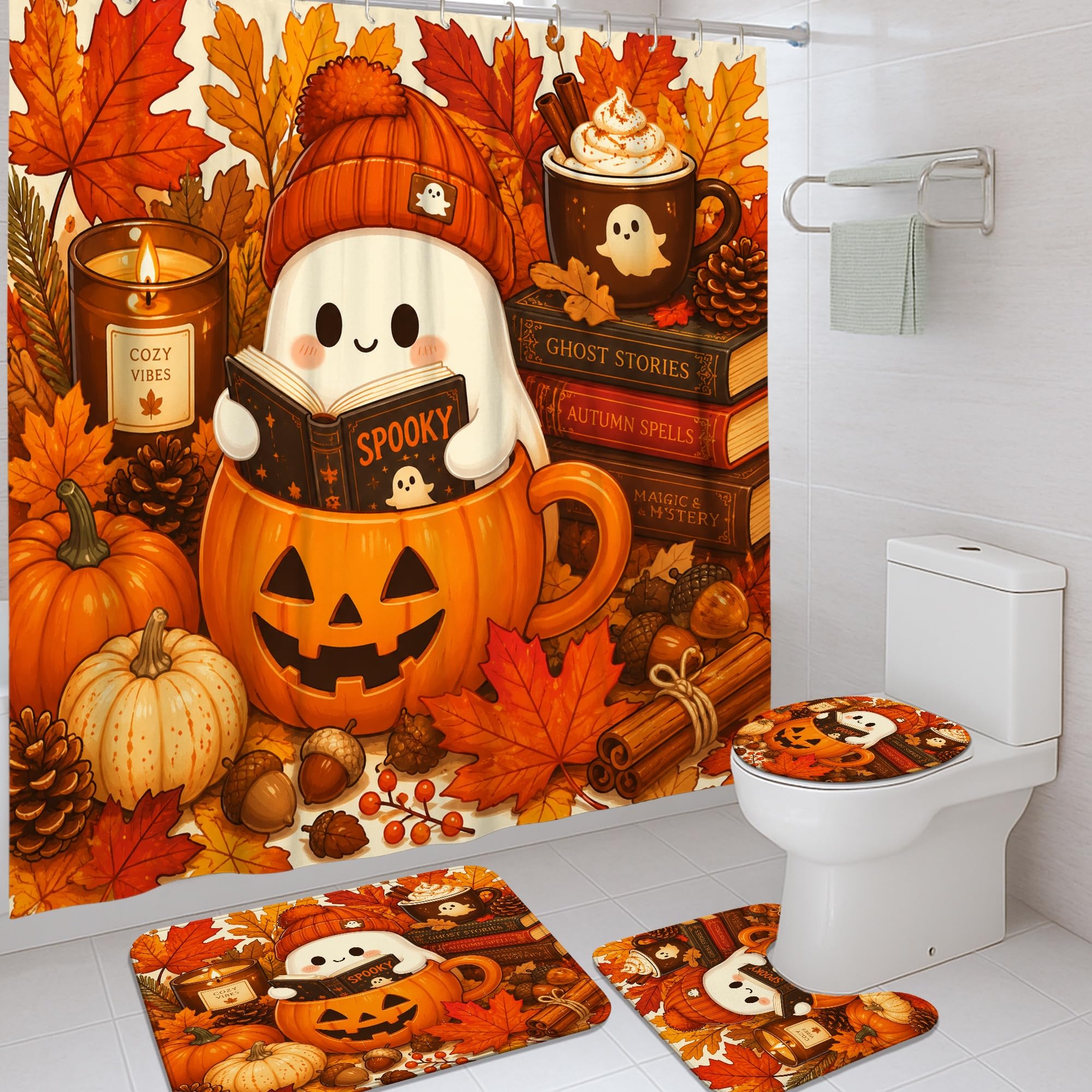 Rideaux de douche fantômes en tissu imperméable aux motifs citrouilles d'automne
