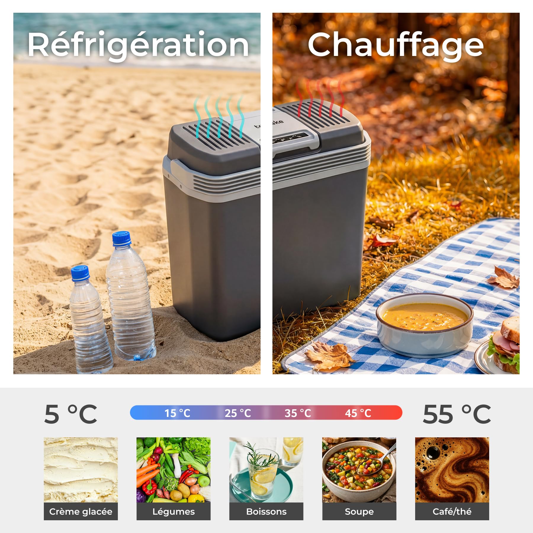 tectake® Glacière électrique 2en1 réfrigérante/chauffante 24L, Poignées de Transport, Mode ECO, Connexion Secteur 220V Allume Cigare 12V, Glaciere Electrique 40x23,5x42,5cm Camping Pique Nique Plage