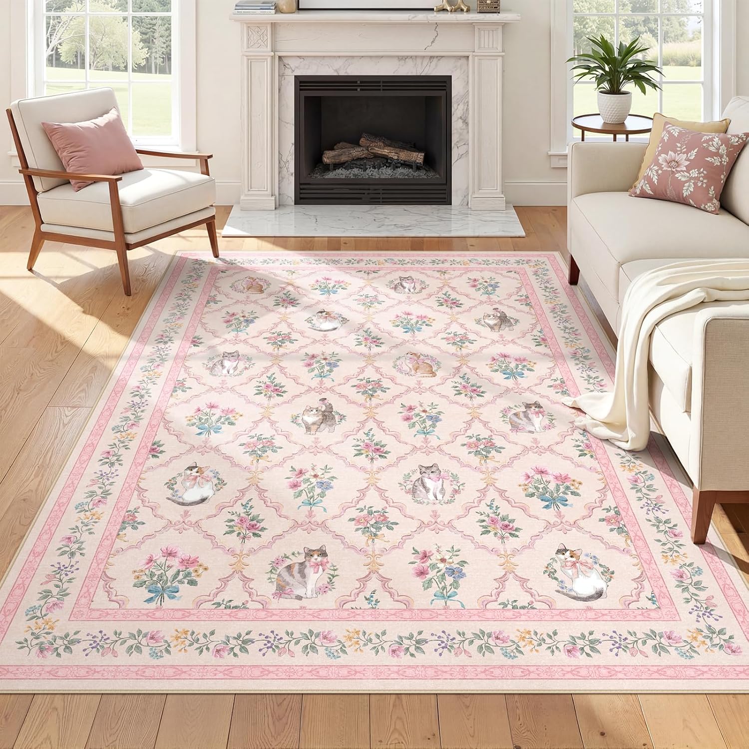 5x7 Pink Floral Cat Rug for Girls Bedroom, Washable Non Slip Area Rug for Nursery, Kids Room, Reading Nook, Dorm, Soft Low Pile Cute Vintage Carpet