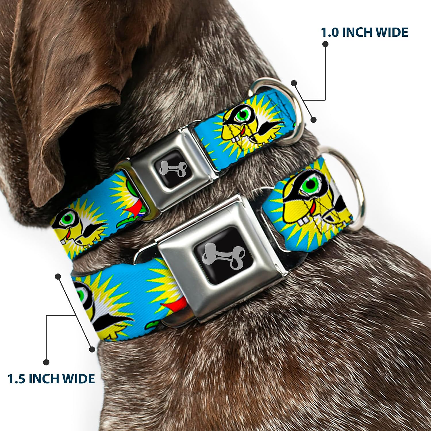 Buckle-Down Seatbelt Buckle Dog Collar - Dinosaur Superhero Baby Blue - 1" Wide - Fits 9-15" Neck - Small