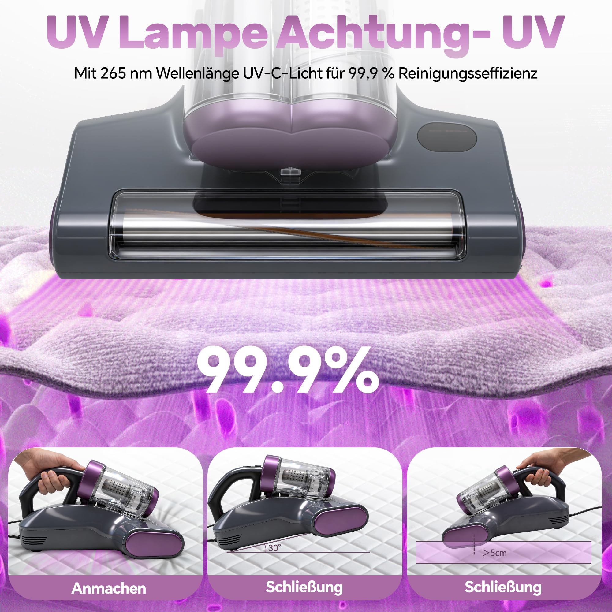 UV-C Milbensauger: Entfernt Milben & Allergene für Allergiker | 65℃ Heißluft, 3-in-1 Matratzensauger 400W, 16000Pa Saugkraft, 12.000 Schläge/min, 5m Kabel, 350ml Staubbecher
