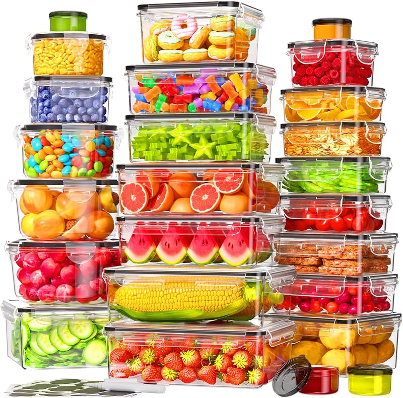 KEMETHY Large Capacity 50 PCS Food Storage Containers with Airtight Lids | 629fl oz, BPA-Free, PVC-free, Leak Proof, Meal Prep, Dishwasher Safe, Microwave Safe, Assorted Sizes, Stackable, Labels
