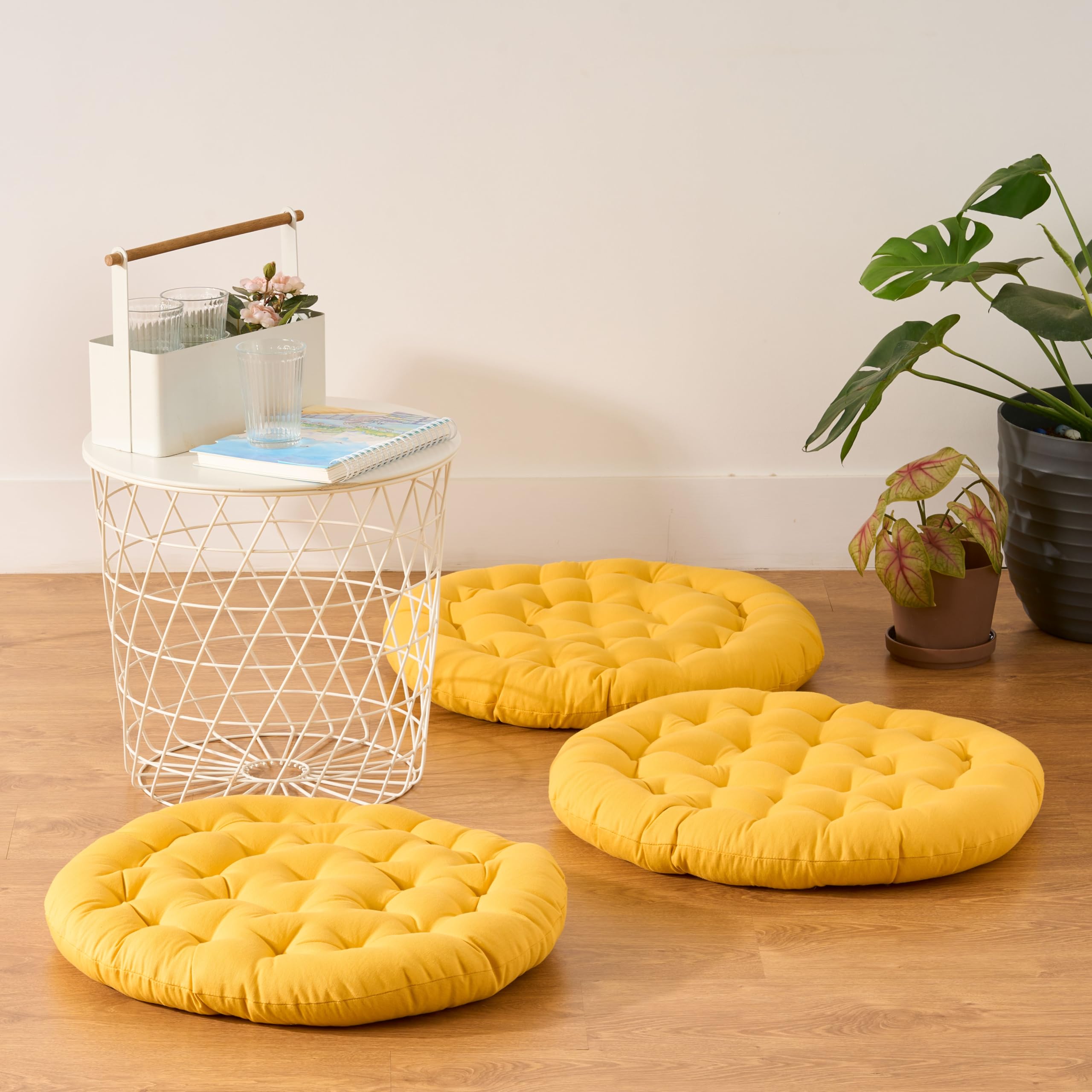 Premium Cotton Floor Seating Cushions | Luxurious Comfort & Microfiber Fill 60X60 CM Large Size for Meditation | Floor Cushion | Pooja | Living Room | Pets | Outdoor Mustard (Pack of 3)