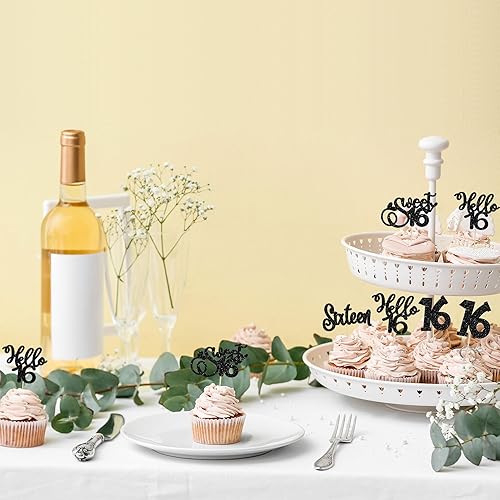 Miniatura 4 de 24 piezas de decoración de cupcakes de cumpleaños de dieciséis años con purpurina Hello 16 Sweet 16 Sweet 16 Temático para cupcakes para cumpleaños,