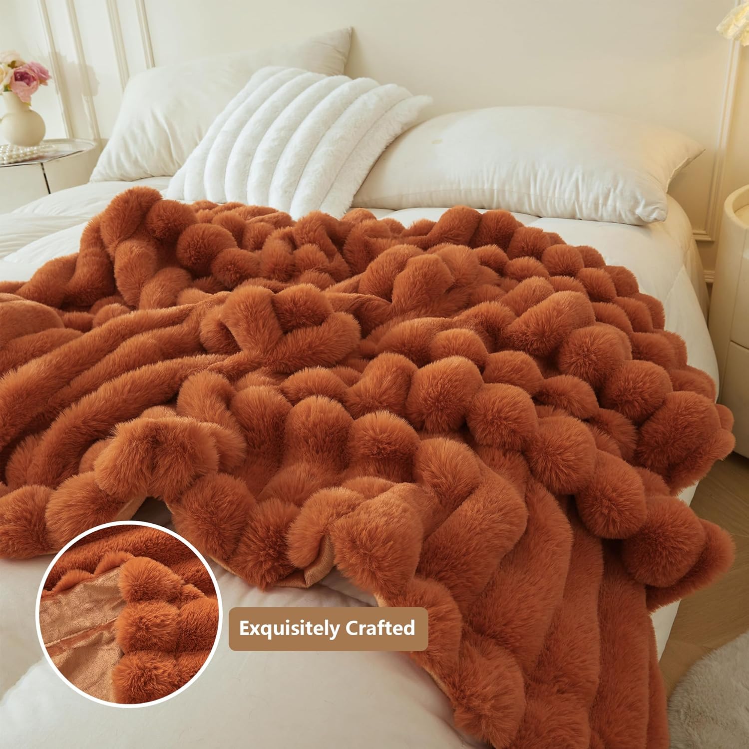 MEGO Fluffy Faux Rabbit Fur Throw, Luxury Stripe Plush Fuzzy Blanket for Bed Couch Sofa Chair, Decorative Shaggy Throw Bedroom Living Room, Furry Blanket Kids Girls Teens Adults, 50x60, Burnt Orange - Image 4