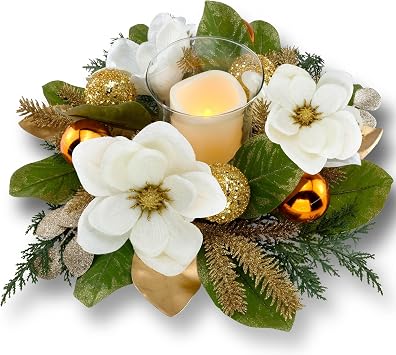 YULETIME 18-in Centerpiece with Flameless LED Candle Holder, White Magnolia | Artificial Flowers, Gold Baubles & Spruce Branches, Glass Cup, Pillar Electronic Candle, Battery-Powered, Holiday Decor