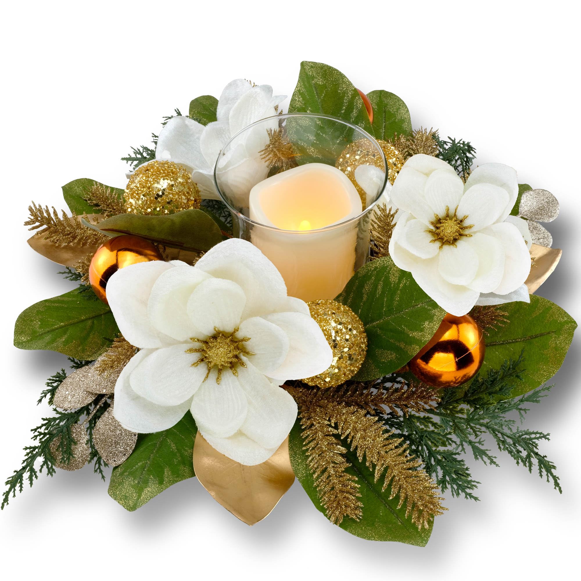 YULETIME 18-in Centerpiece with Flameless LED Candle Holder, White Magnolia