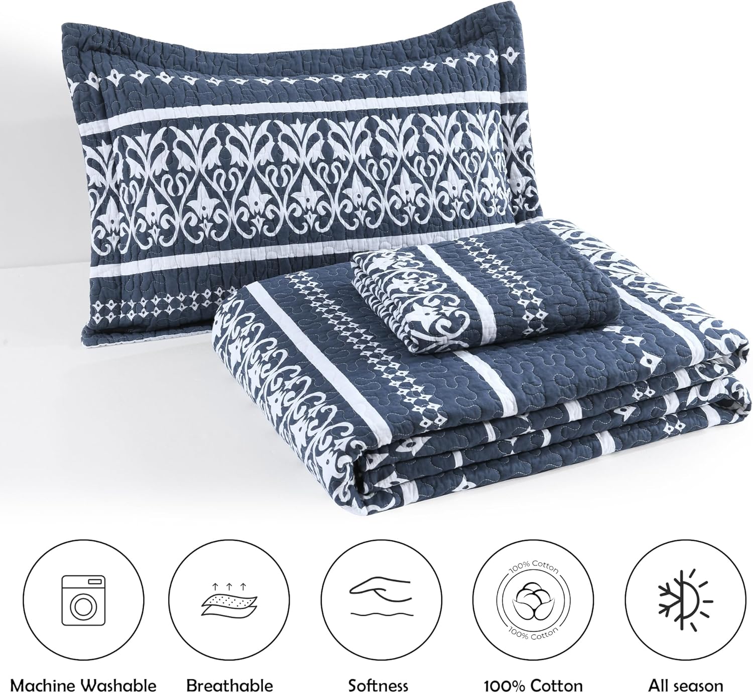 Navy Blue Boho Quilt Set King Size - Boho Striped Quilt Bedding Set - Quilt Set with Shams 3 Piece - 100% Cotton All-Season Lightweight Quilt Coverlet Bedspread Set | Breathable, Soft - Image 6