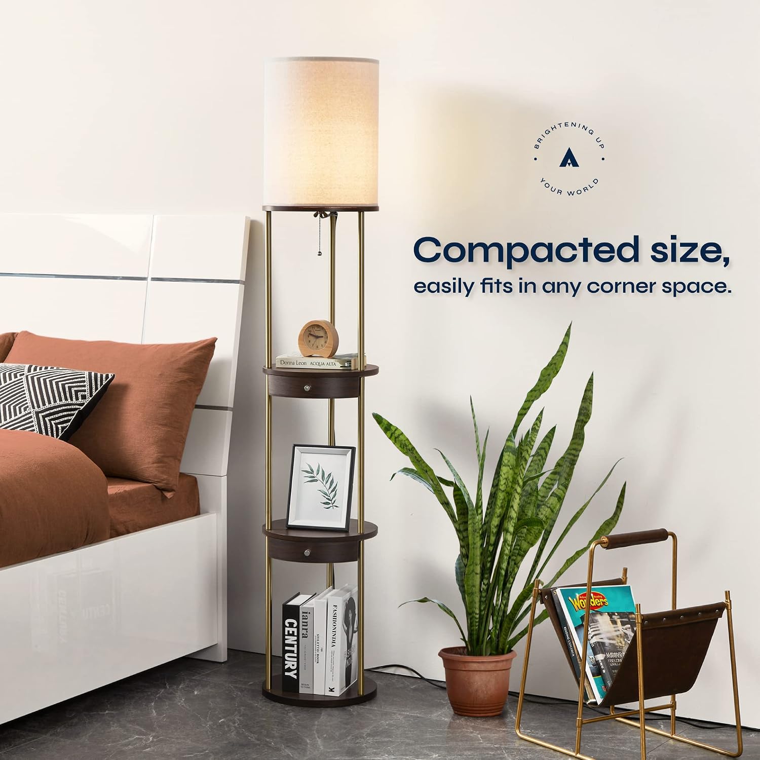 ATAMIN 63" LED Floor Lamps for Living Room, Display Shelf for Collectibles, Room Storage Shelf with Drawer, Corner Lamp for Bedroom, Floor Lamp with Shelves