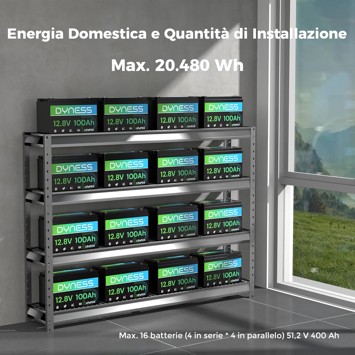 Diagram showing multiple Dyness batteries arranged on shelves, illustrating scalability up to 16 modules for 20,480 Wh energy storage