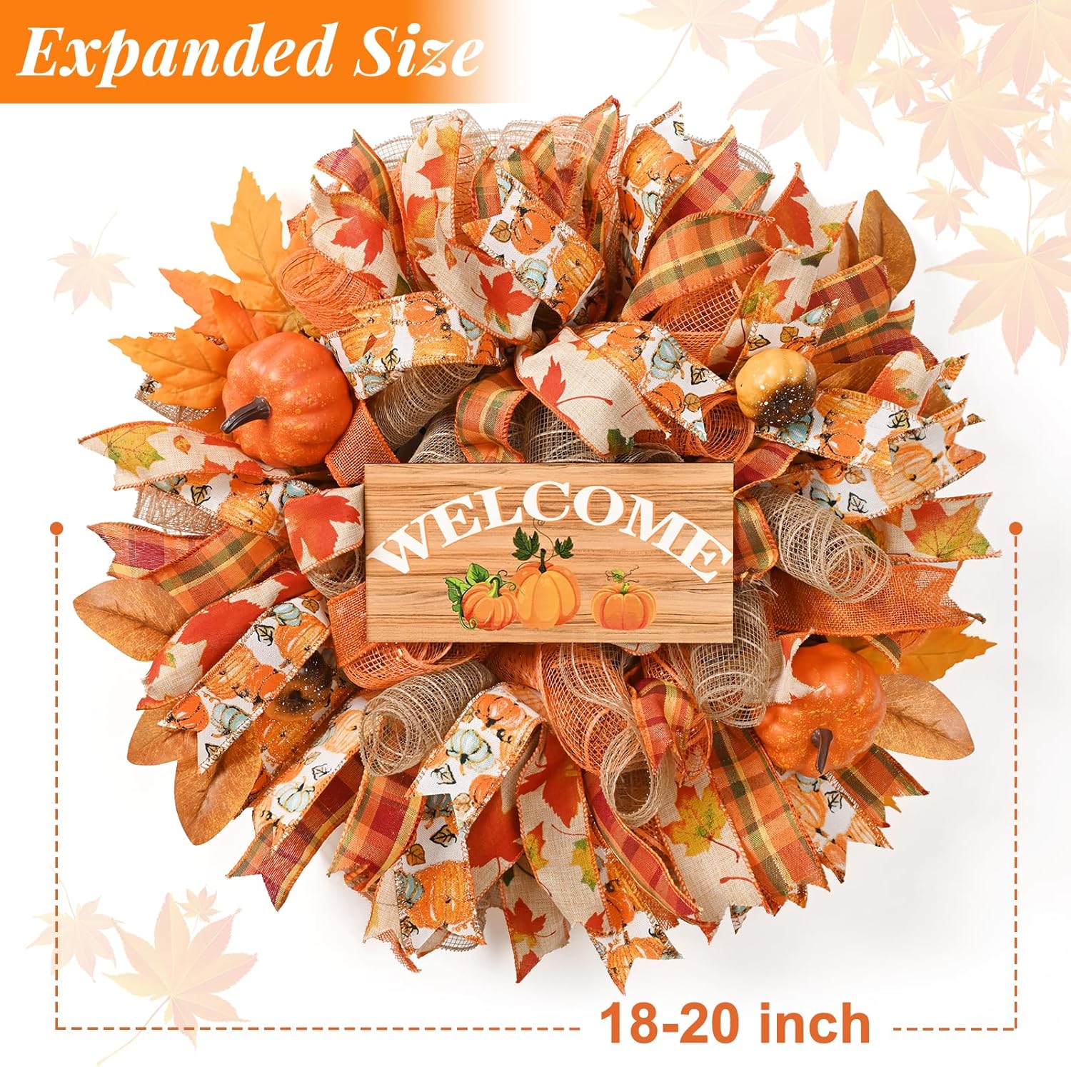 Waipfaru Fall Wreaths for Front Door, Fall Mesh Wreath with Wooden Sign Fishnet Yarn Autumn Pumbkin, Thanksgiving Halloween Decorations for Home, Porch Decor(18-20 Inch)