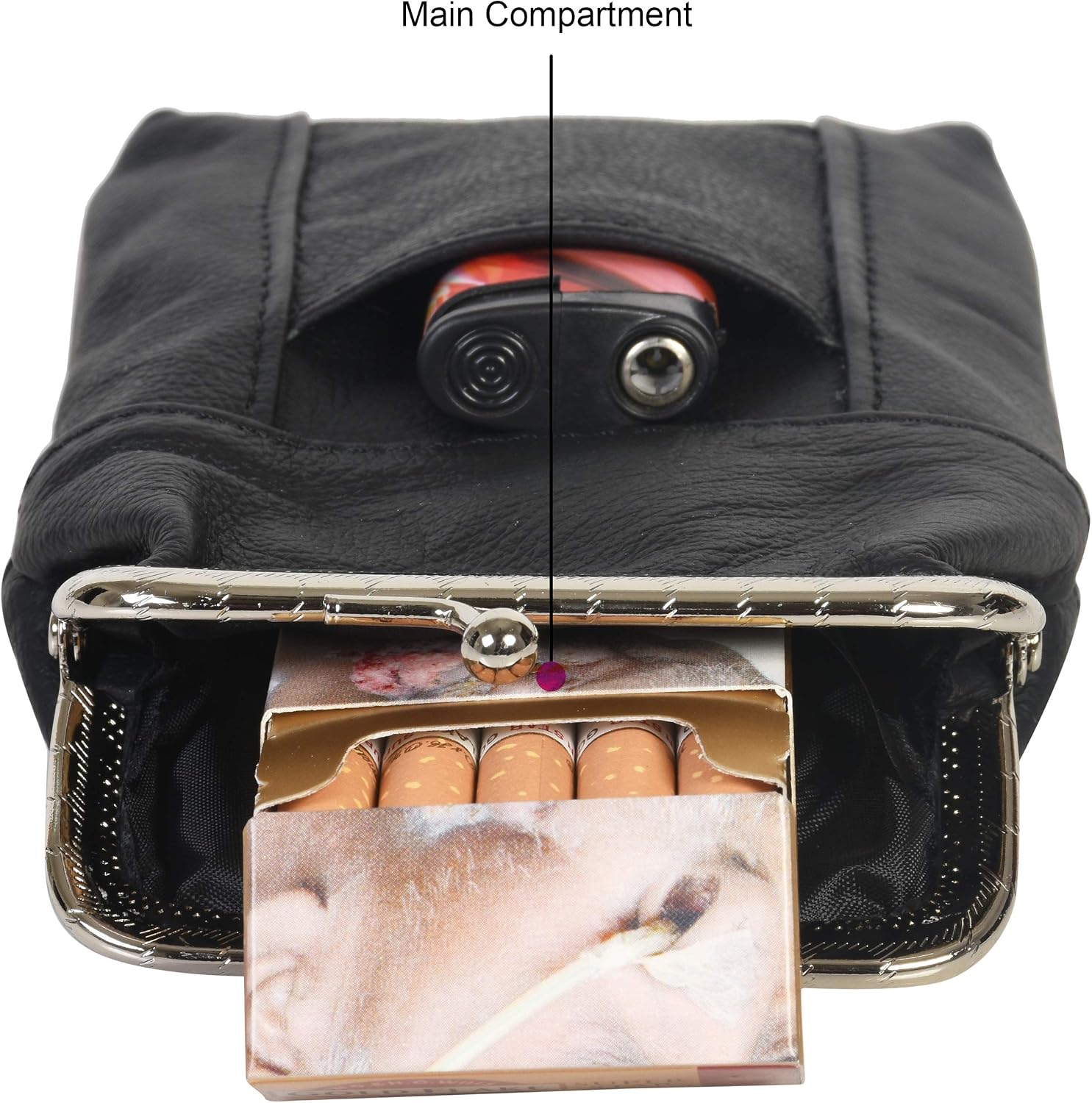 Classic Leather Cigarette Purse with Lighter Holder (Black) (For Kings And 100's)