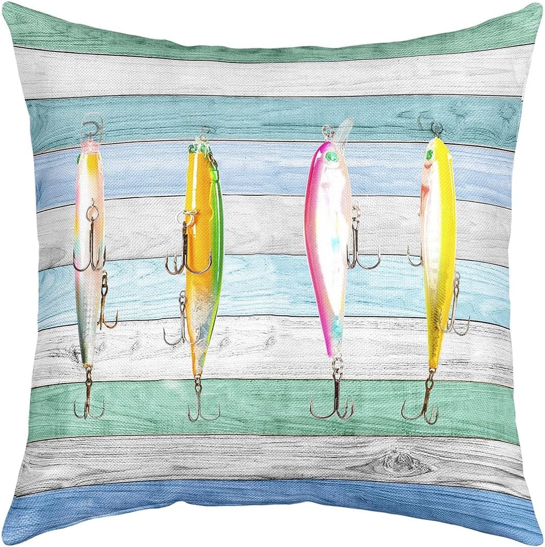 Erosebridal Colorful Fish Throw Pillow Cover 24x24 Inch, Fish Hook Fishing Pillow Cover for Kids Boys Girls Teens Bedroom, Rustic Farmhouse Cushion Cover, Western Style Decorative Square Pillow Case