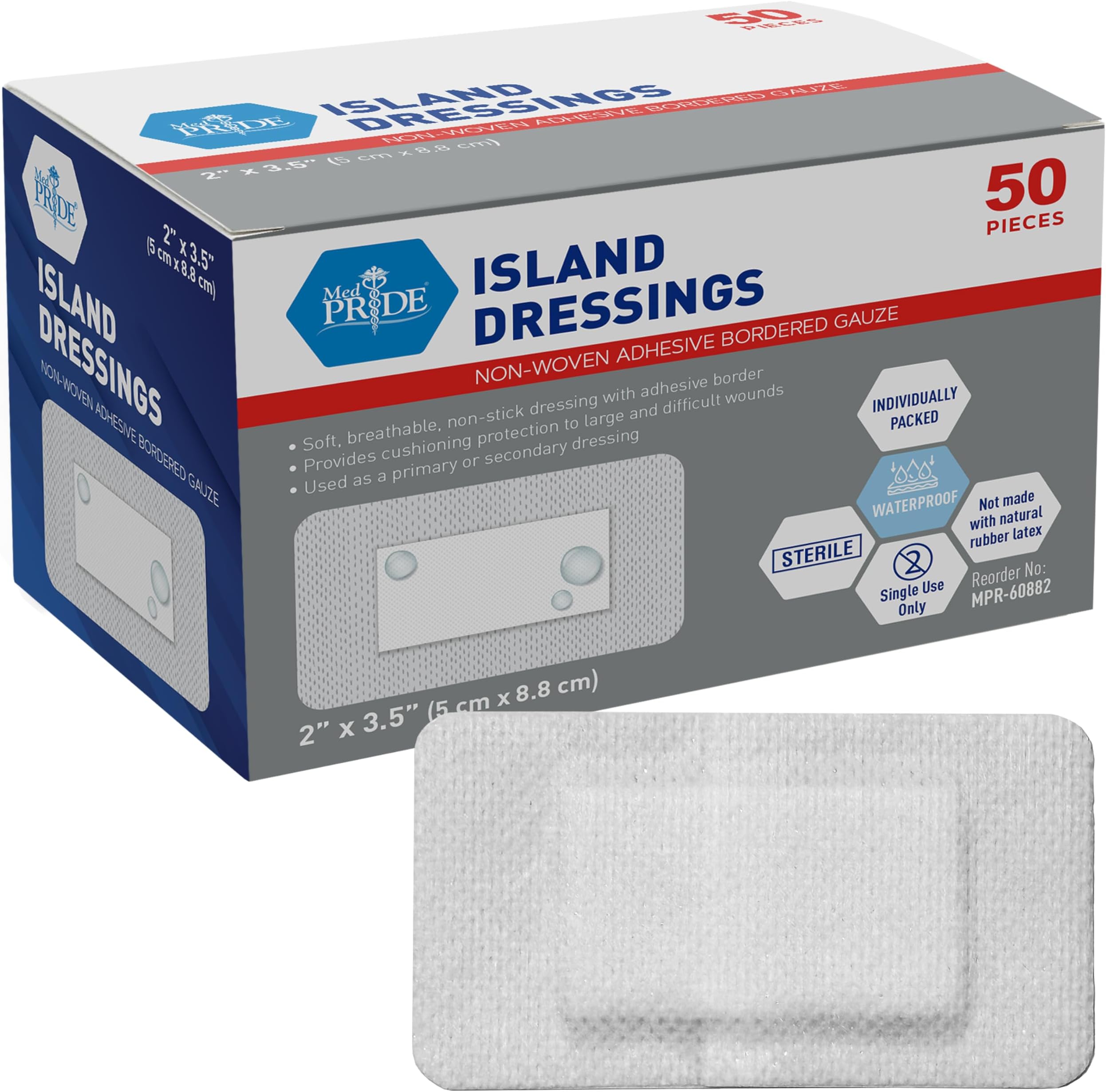 MED PRIDE Adhesive Island Dressing 2x3 in, Pack of 50 Sterile Bordered Wound Dressings, Highly Absorbent, Non-Stick, Latex-Free (2'' x 3.15'')