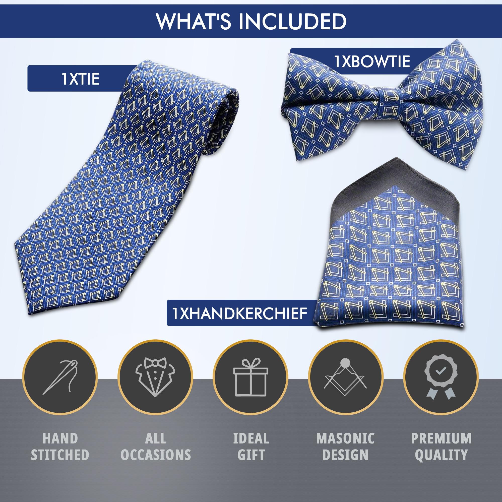 THE MASONIC COLLECTION - Corbata, pajarita y pañuelo 100% seda tejida - Cuadrado y brújula - Regalo masón para hombres