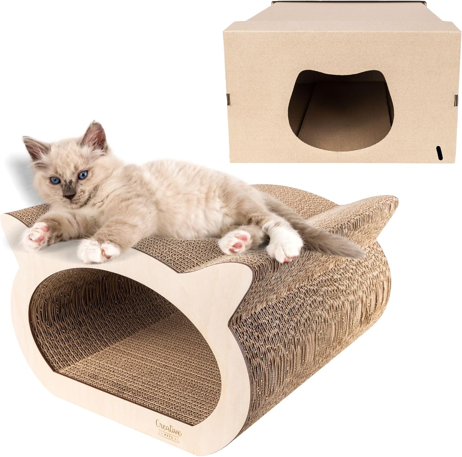 Cat Scratching Post | 14.56 x 14.17 x 9.05 in | Scratching Cardboard with Plywood | 2in1 Scratching Post & Cardboard House | Natural Beige | Resistant Furniture for Cats | Cat Tree