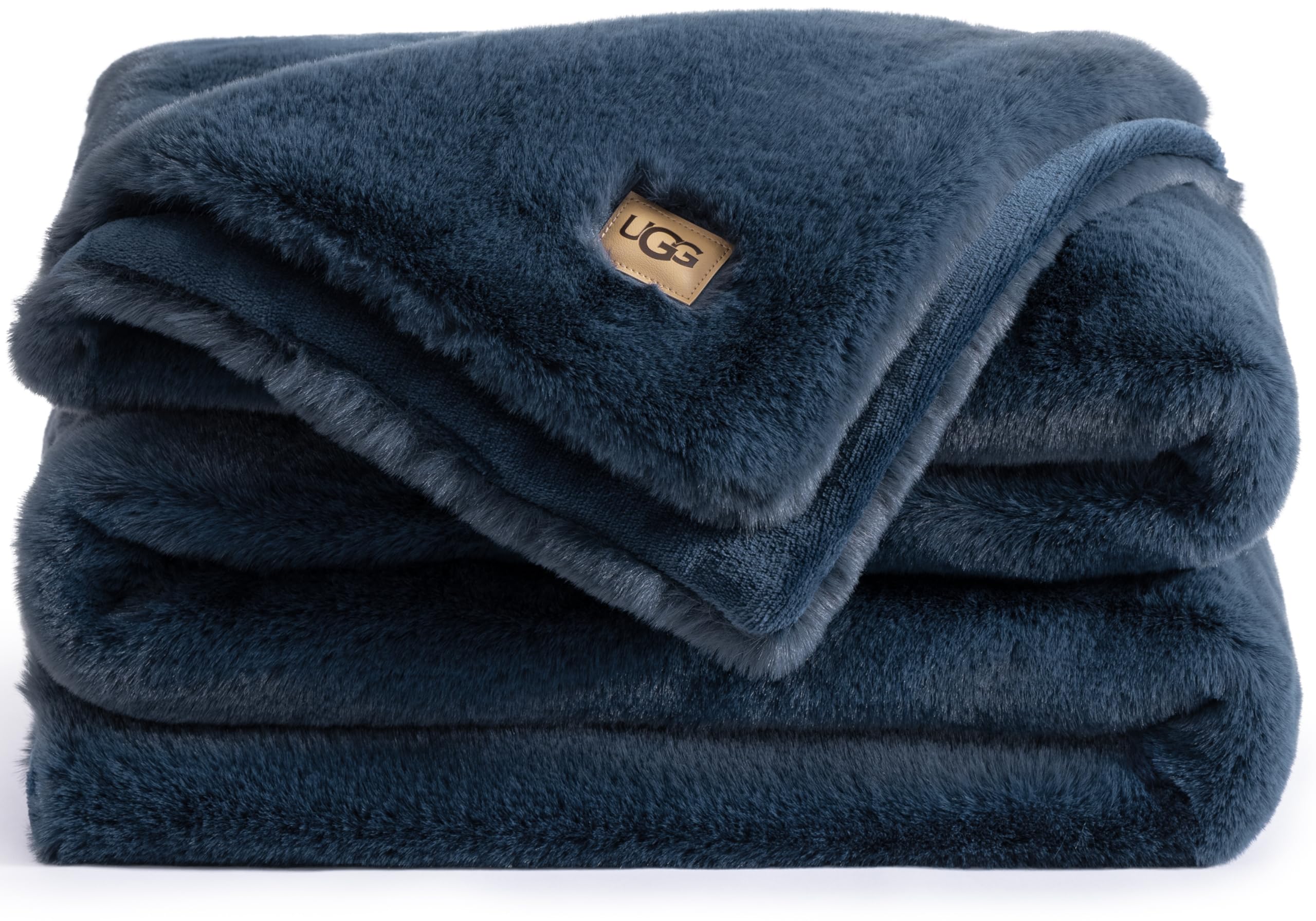 UGG 16804 Euphoria Plush Faux Fur Reversible Throw Blanket Easy Care Machine Washable Luxury Cozy Fuzzy Fluffy Luxurious Home Decor Luxurious Soft Blanket for Sofa, 70 x 50-inch, Indigo