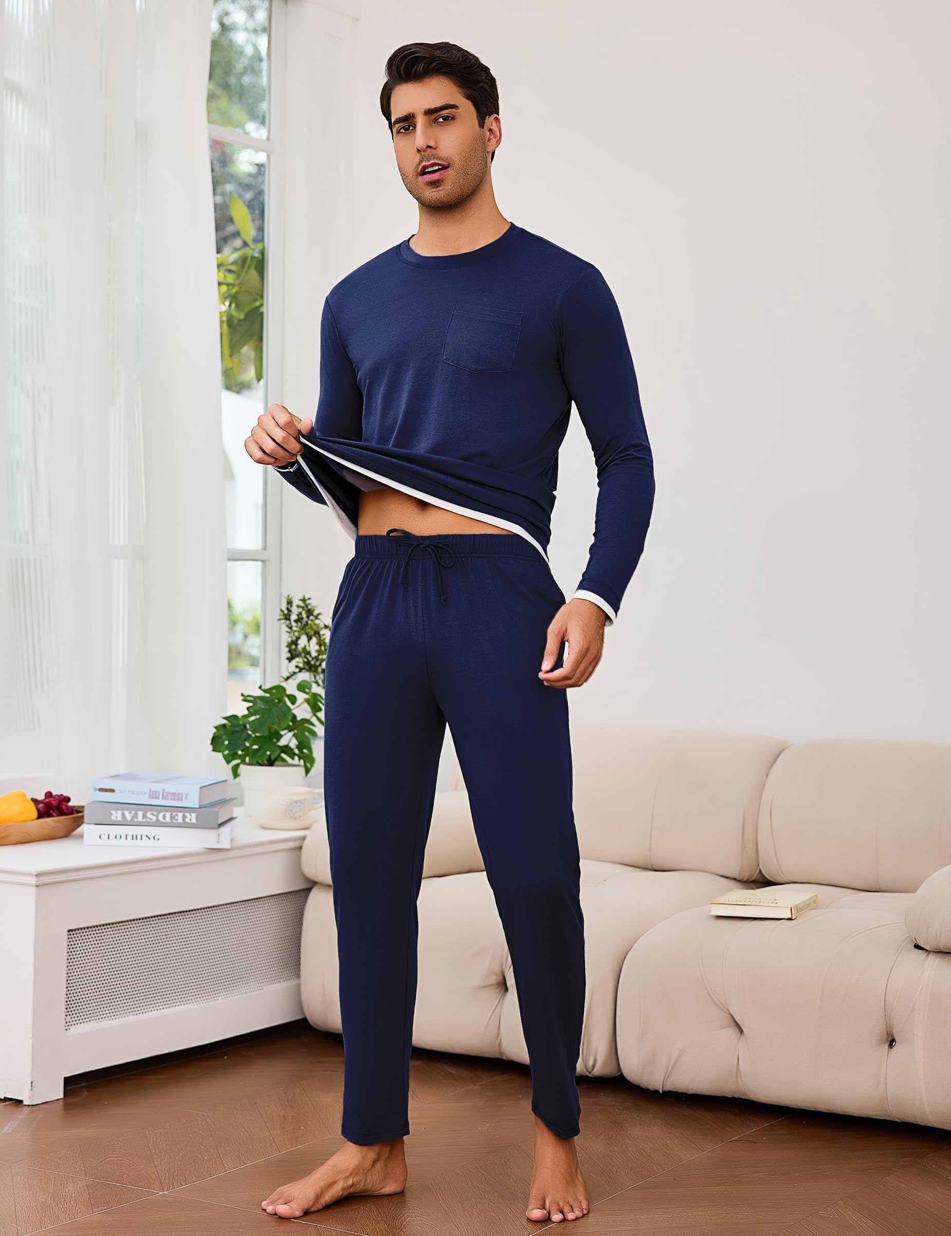 Litherday Pigiama Uomo Invernale Cotone Lungo Pajamas Due Pezzi Maniche Lunghe Pantaloni Lunghi Pigiami Morbido Loungewear con Tasche
