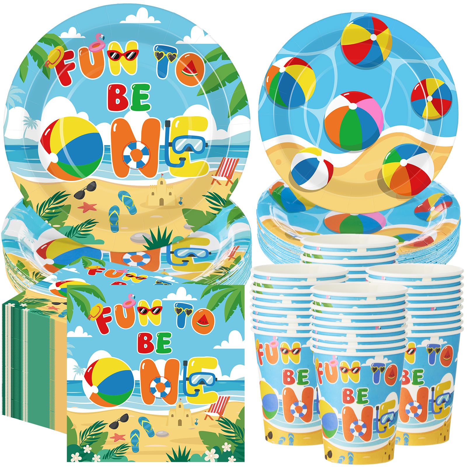 Pickmesh 250 Pcs Beach Ball Party Supplies Summer Beach Ball 1st Birthday Paper Plates Napkins and Cups Disposable Tableware Set Fun to Be One Party Decor for Hawaiian Pool First Birthday Serve 50
