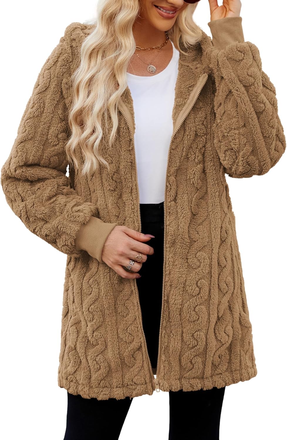ReachMe Womens Fleece Zip Up Jacket with Pockets Oversized Long Sherpa Hoodie Fuzzy Jackets Warm Teddy Coat