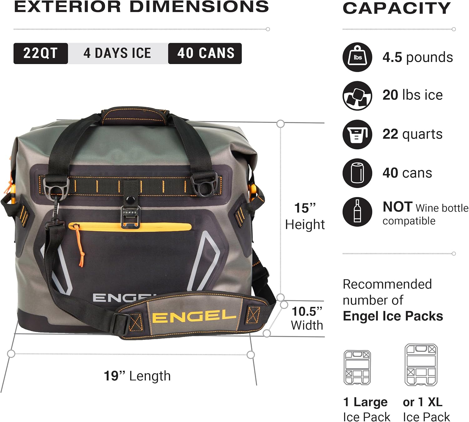 Exterior dimensions of Engel HD20 Cooler: 19 inches length, 10.5 inches width, 15 inches height.