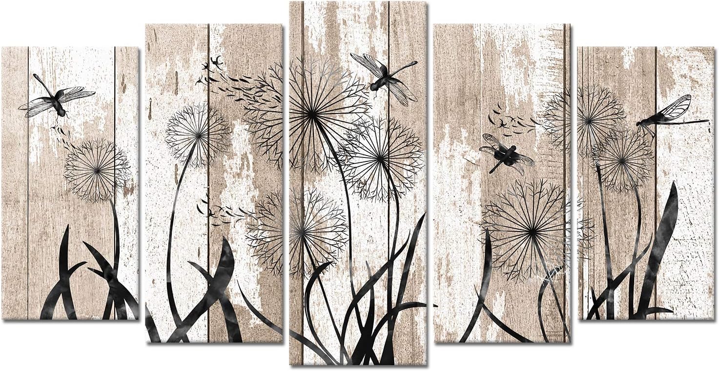 WELMECO 5 Pieces Large Abstract Dragonfly with Dandelion Giclee Print Canvas Wall Art on Rustic Beige Wood Textured Picture Artwork Gift for Home Living Room Bedroom Housewarming