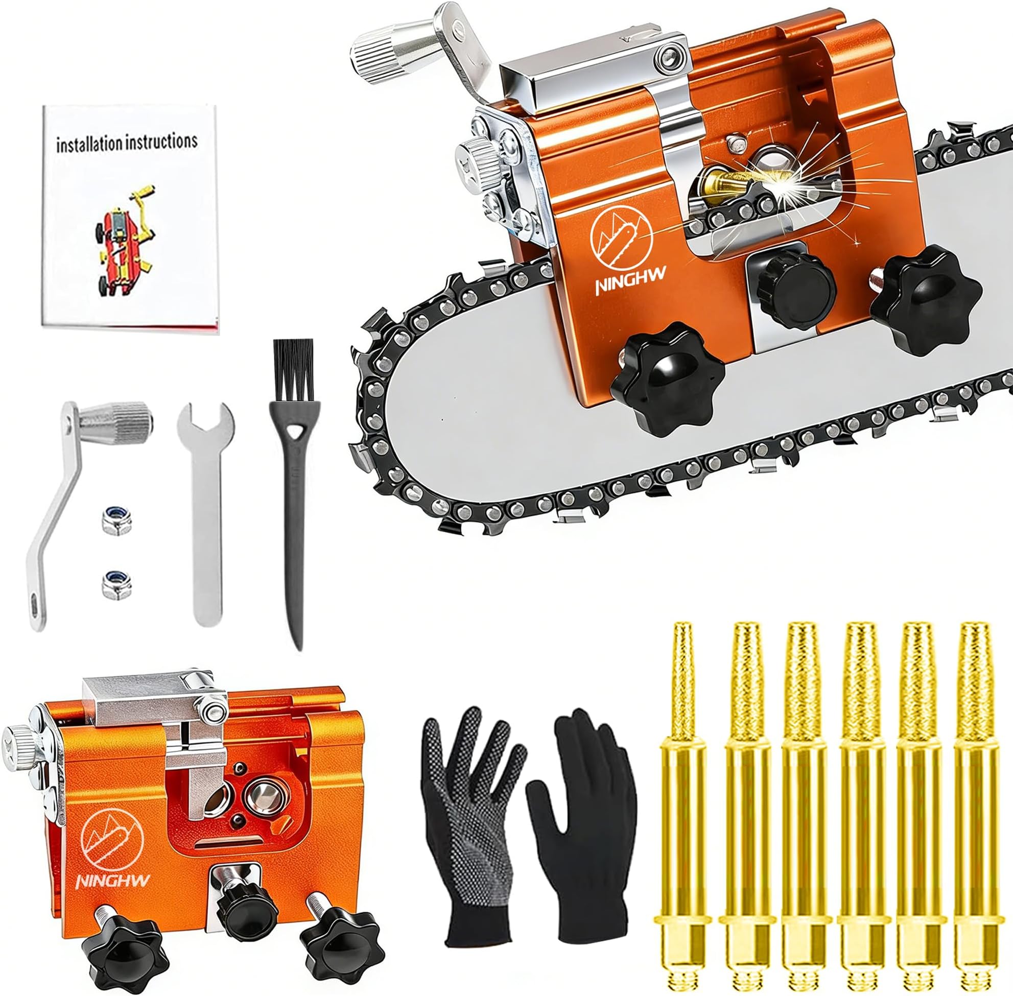 Chainsaw Sharpener Jig Kit,Portable Manual Chain Saw Sharpening Tool | with 6 Grinding Stones, Gloves and Cleaning Brush, Easy to Use, Chainsaw Blade Sharpener Accessories for 4-22 Inch Chainsaws