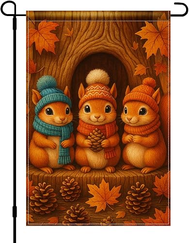 Fall Garden Flag 12x18 Inch Squirrels Pinecones Autumn Yard Decor