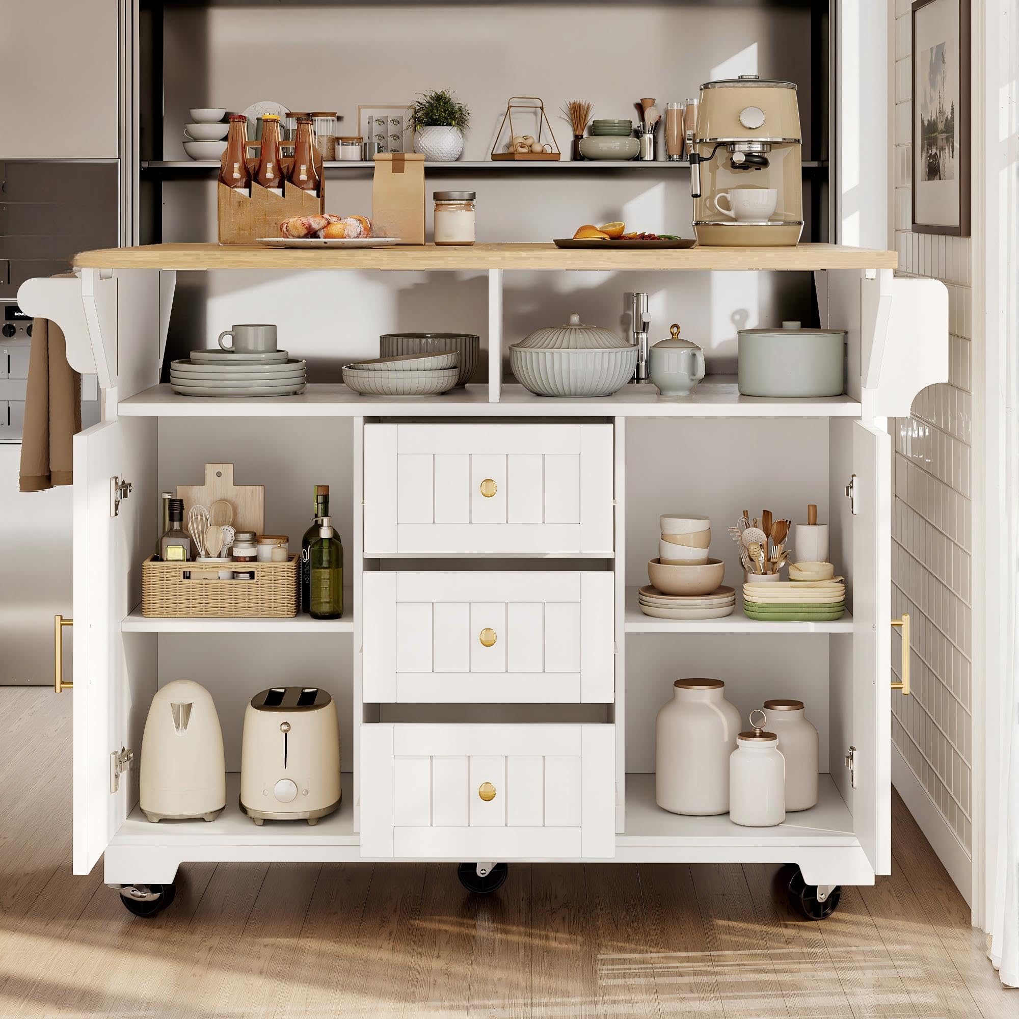 LAKFEW Isla de Cocina Moderna, Isla Cocina con Ruedas y Tableros Plegables en Ambos Lados, Mueble Auxiliar Muebles Cocina con 3 Cajones y 2 Puertas, Ilha de Cozinha, 142.5x40(80) x95 cm, Blanco