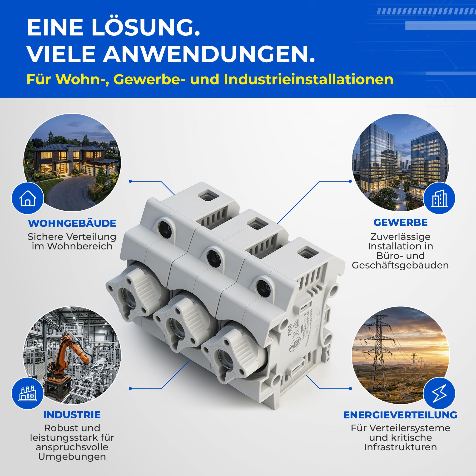 grenda-hammer® | Neozed Sicherungssockel mit Schraubkappen und 3x Schmelzsicherungen (D02-3x63 Ampère (kupfer))