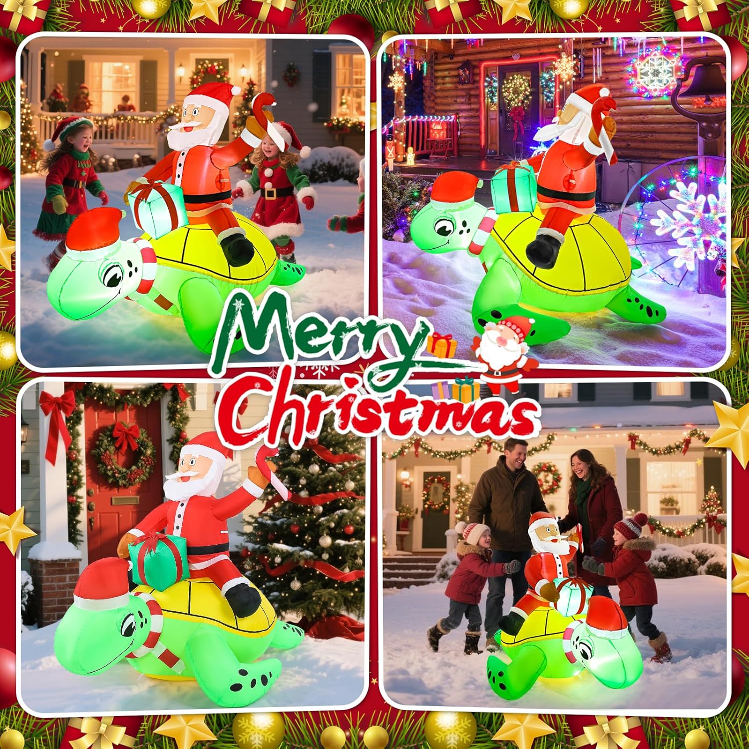 Christmas Inflatable Outdoor Decoration 4ft Blow Up Santa Claus Ride on Sea Turtle Yard Inflatables Decorations Xmas Winter Blowups Decor with Led Lights for Outside Lawn Garden Holiday Party