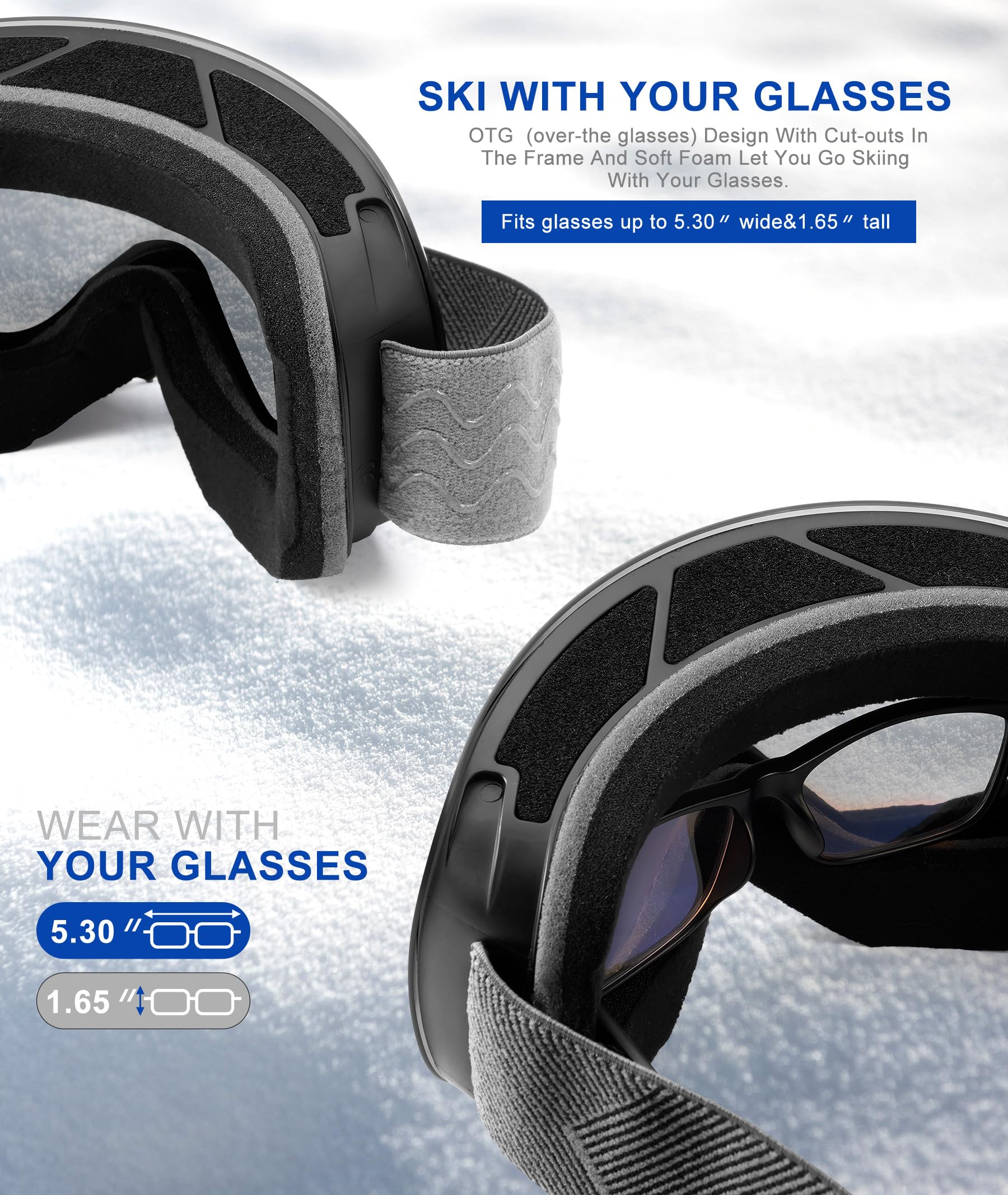 NSSIW Lunettes de ski OTG pour hommes, femmes, jeunes, avec protection anti-buée et protection UV