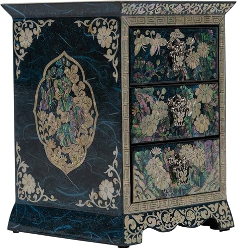 Miniatura 3 de February Mountain Joyero de madera de nácar collar, pendientes, pulsera, anillo de almacenamiento con 3 cajones (azul)